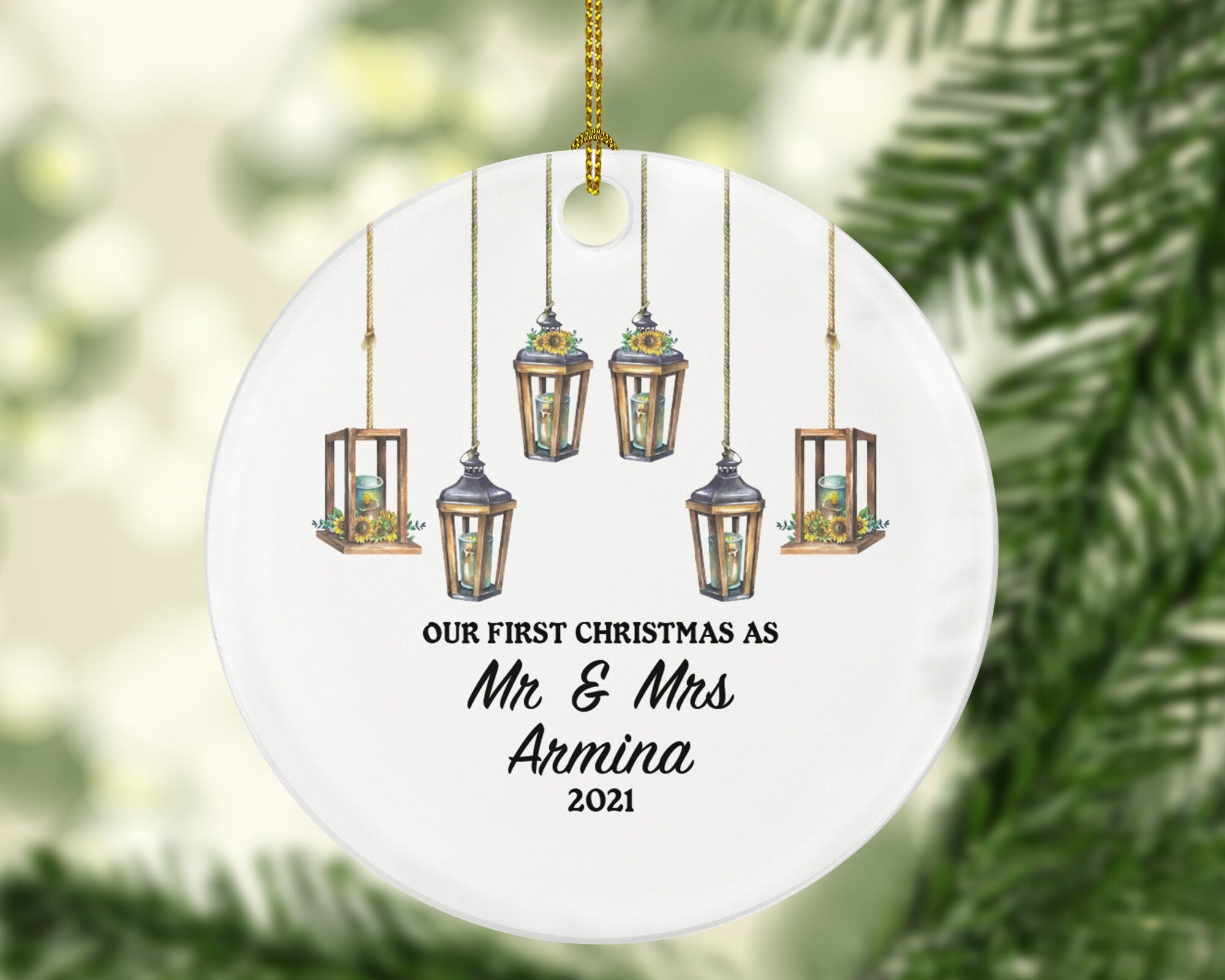 Our First Christmas as Mr & Mrs Couple Personalized Ornament - Newlywed Mr. and Mrs. Rustic Lights Wedding Couple Just Married Marriage Gift