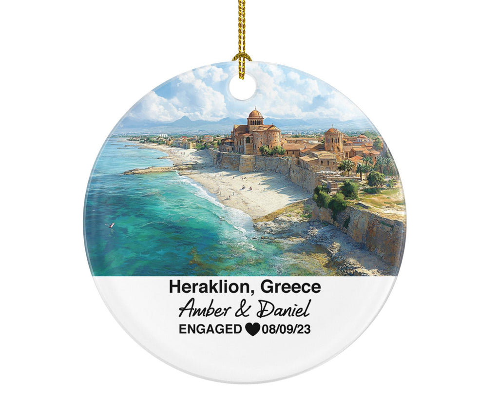 Heraklion Greece Round Ceramic Christmas Ornament – Personalized Holiday Keepsake, Custom Couple Gift for Wedding or Honeymoon