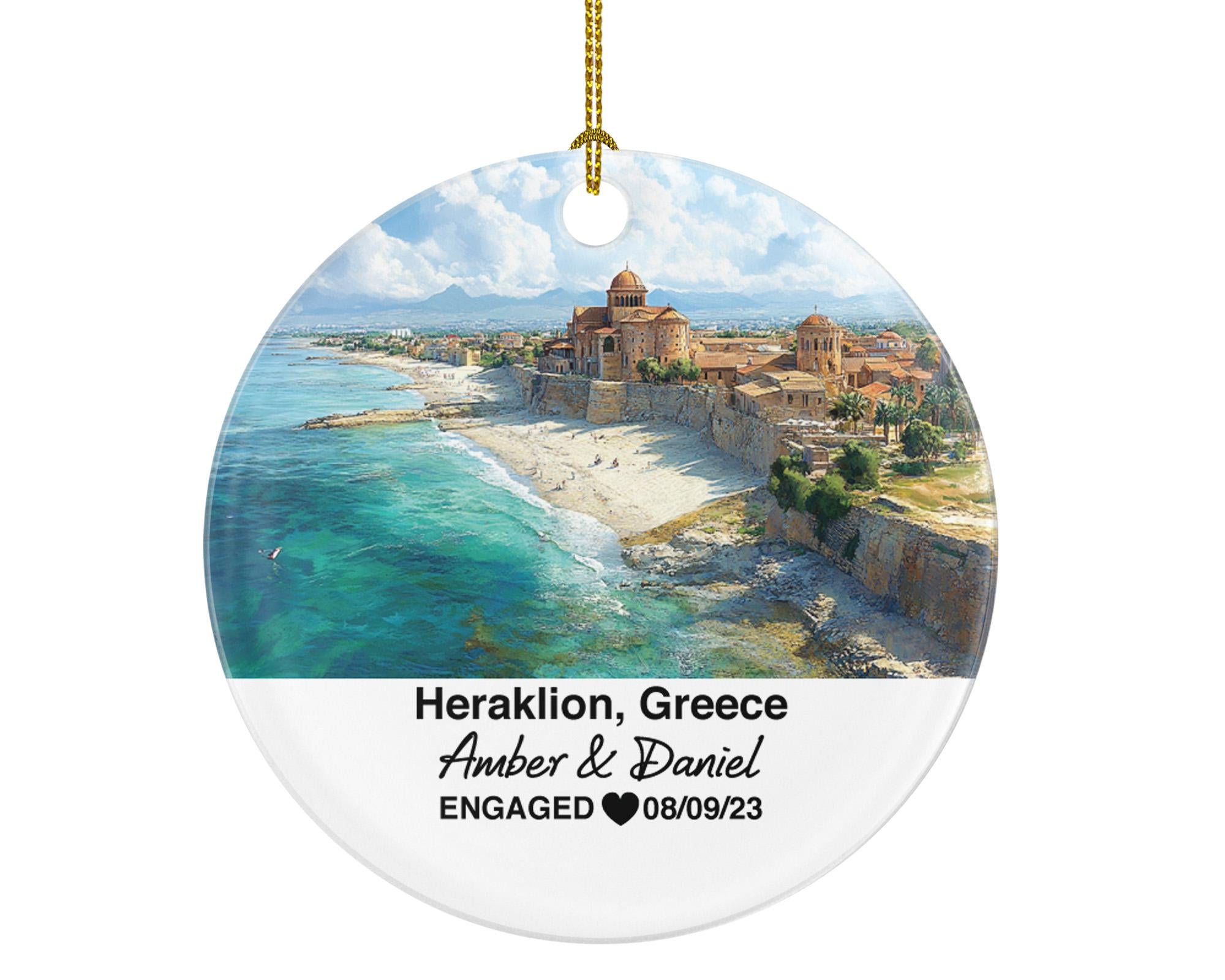 Heraklion Greece Round Ceramic Christmas Ornament – Personalized Holiday Keepsake, Custom Couple Gift for Wedding or Honeymoon
