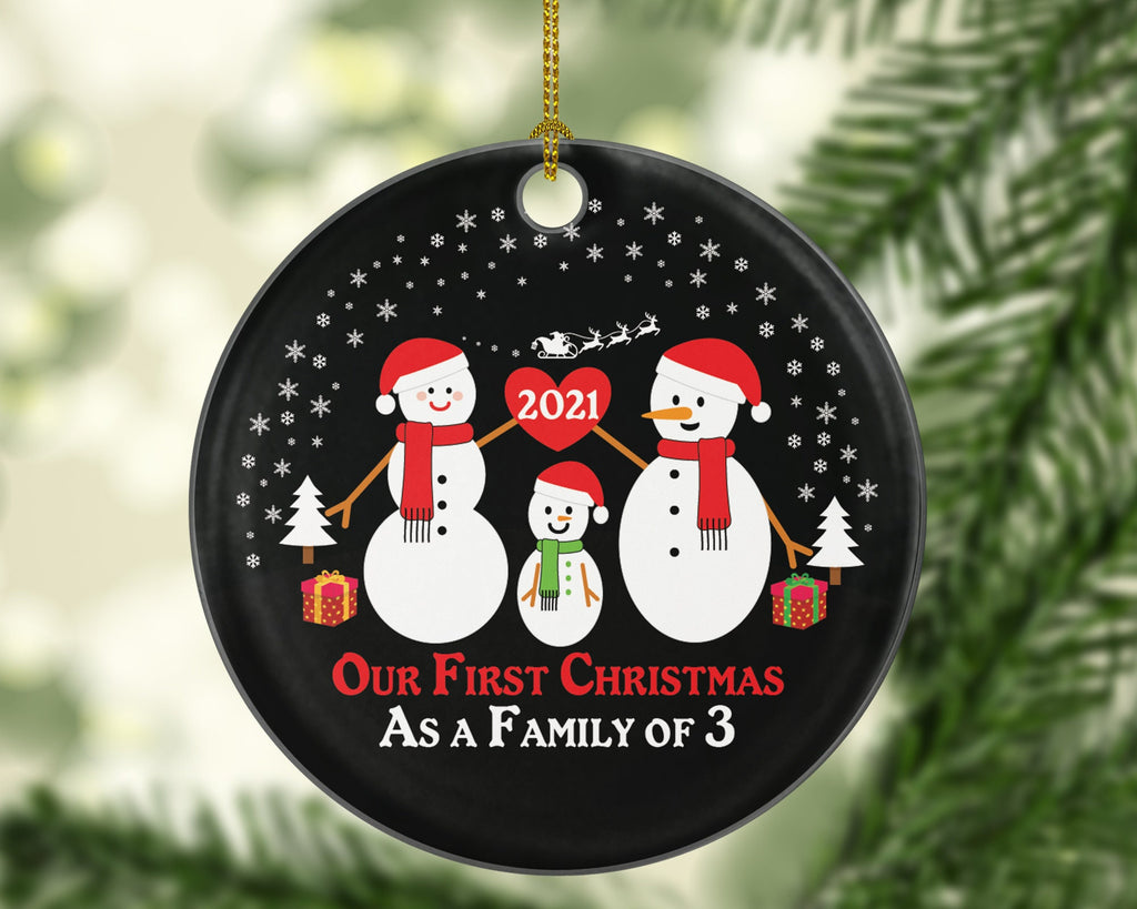 Our First Christmas As A Family Of 3 Three Ornament Baby Announcement New Snowmen Kids Children Mom Dad Mommy Daddy Girl Boy Father Mother