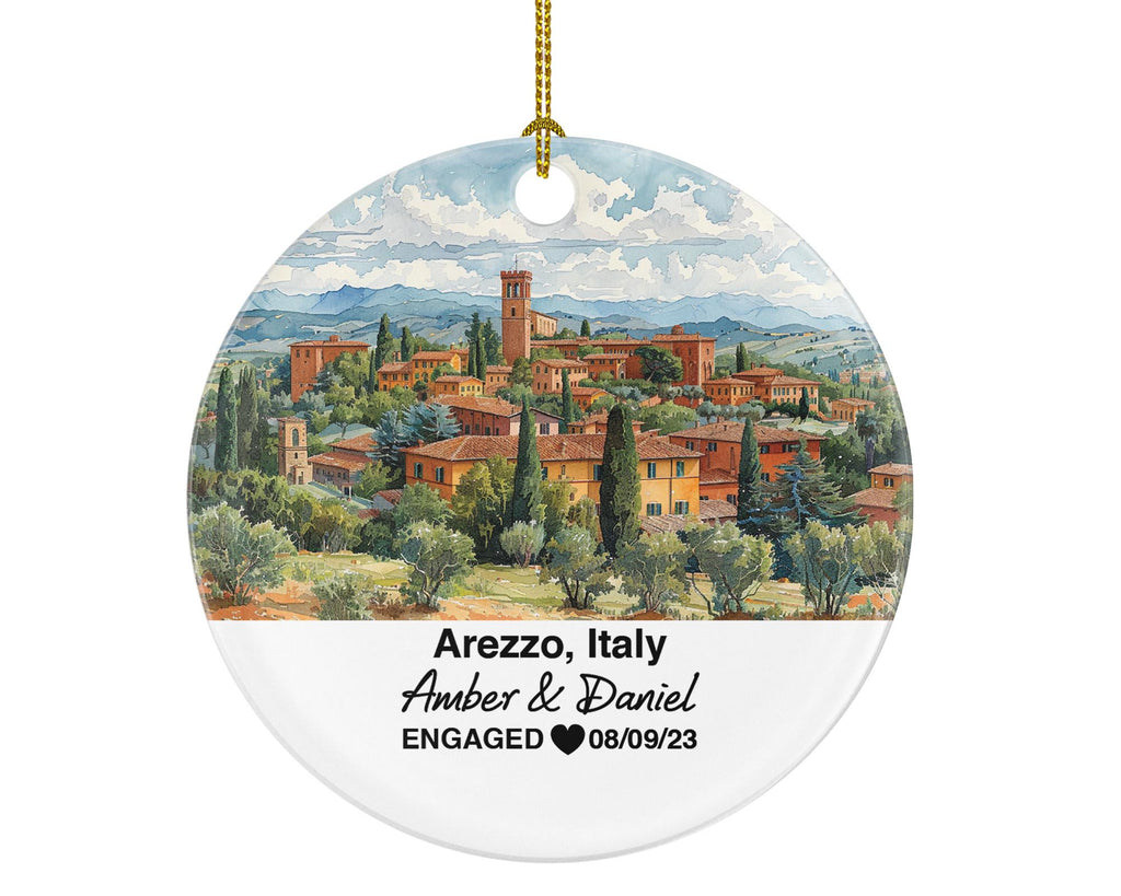 Personalized Arezzo Italy Christmas Ornament Medieval Towers, Piazza Grande, Mr & Mrs Wedding, Engagement, or Honeymoon Keepsake to Couples