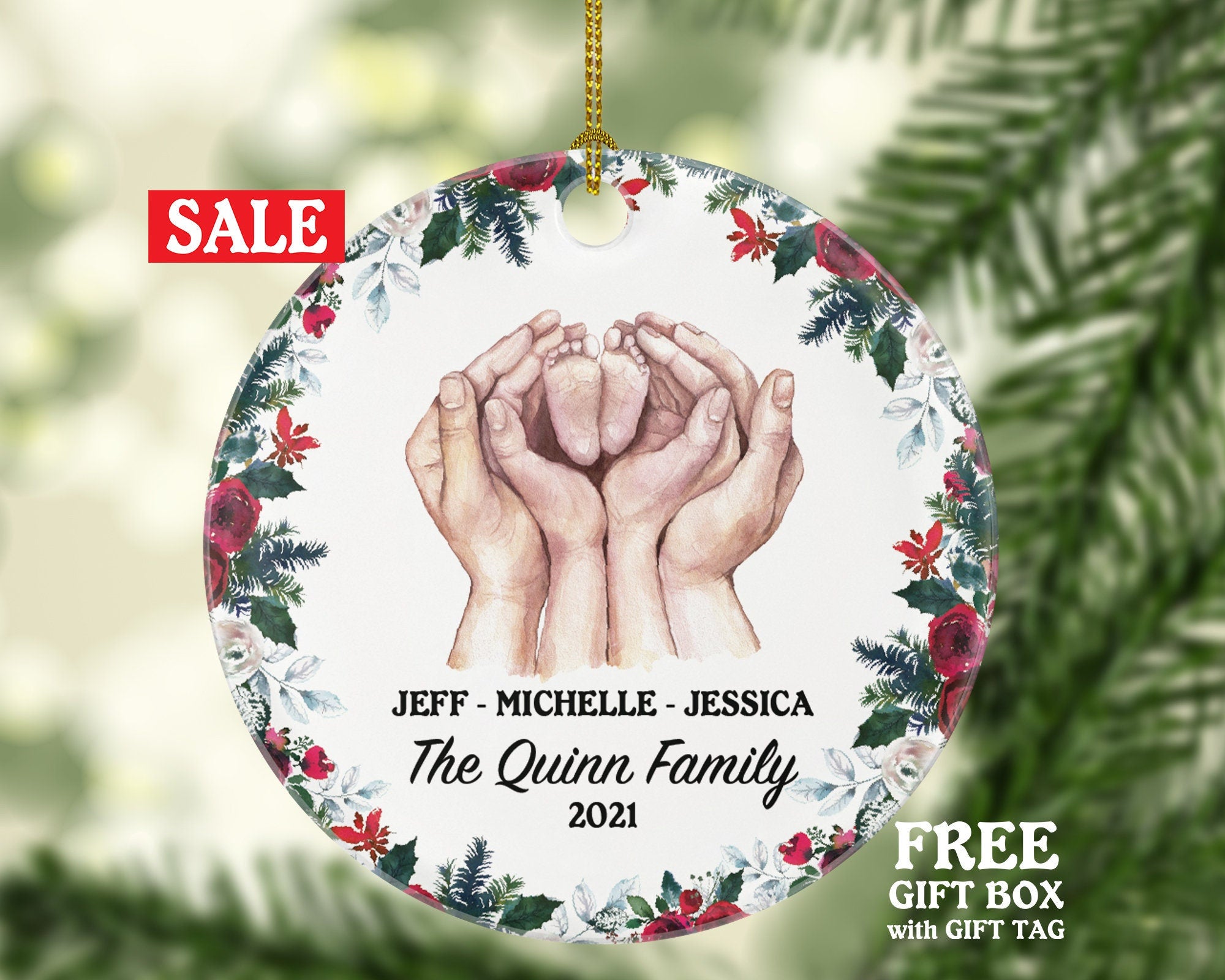 Personalized Family of 3 Christmas Ornament - Our First Ornament Custom Names for Three Gift for Family with Newborn Infant Foots in Hands