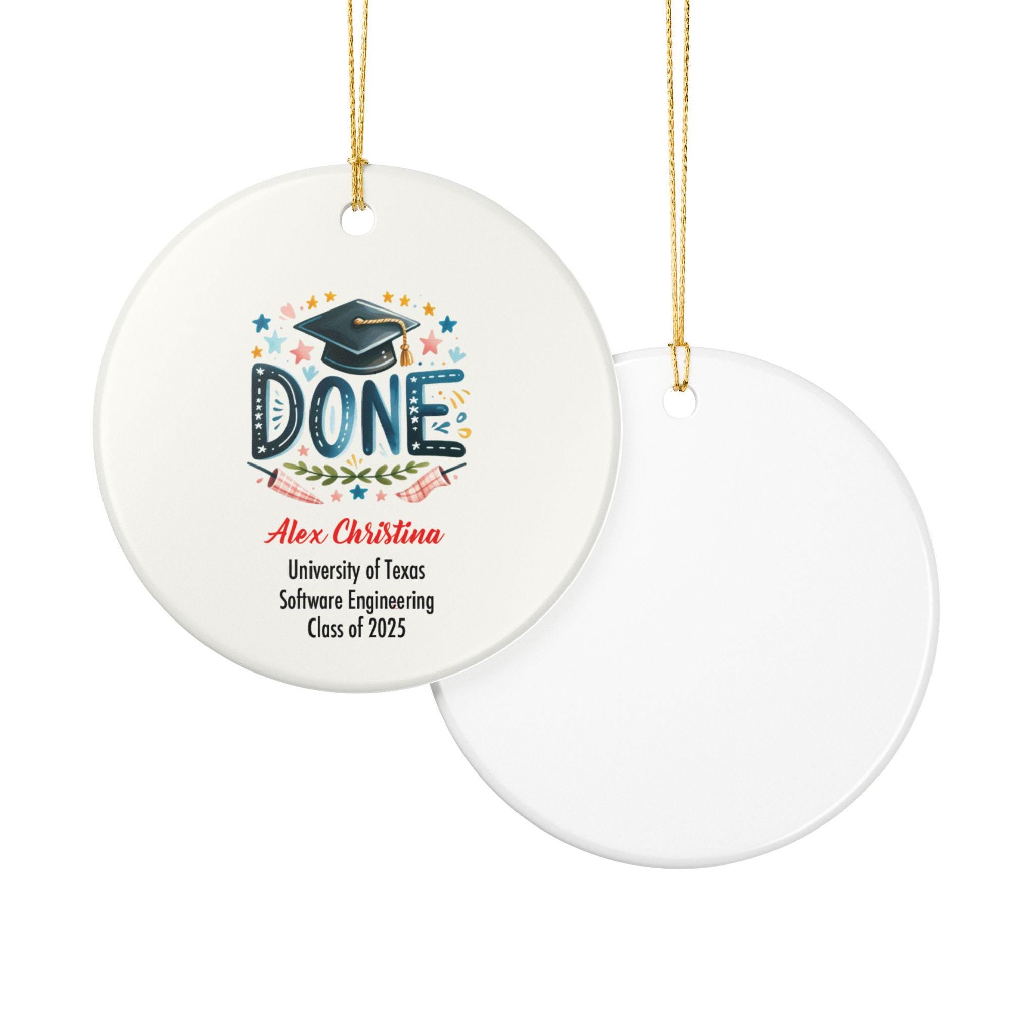 DONE Graduation Ornament 2025 Personalized Grad Gift Funny Cap and Banner Ceramic Keepsake with Name and School