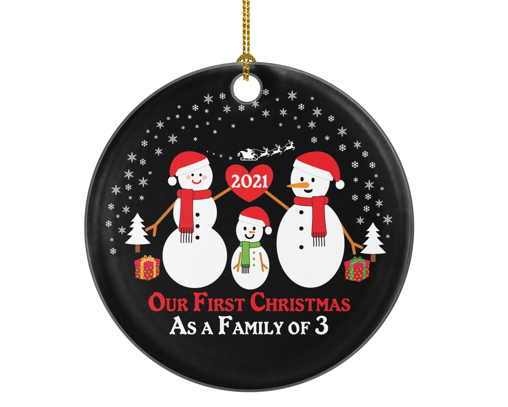 Our First Christmas As A Family Of 3 Three Ornament Baby Announcement New Snowmen Kids Children Mom Dad Mommy Daddy Girl Boy Father Mother