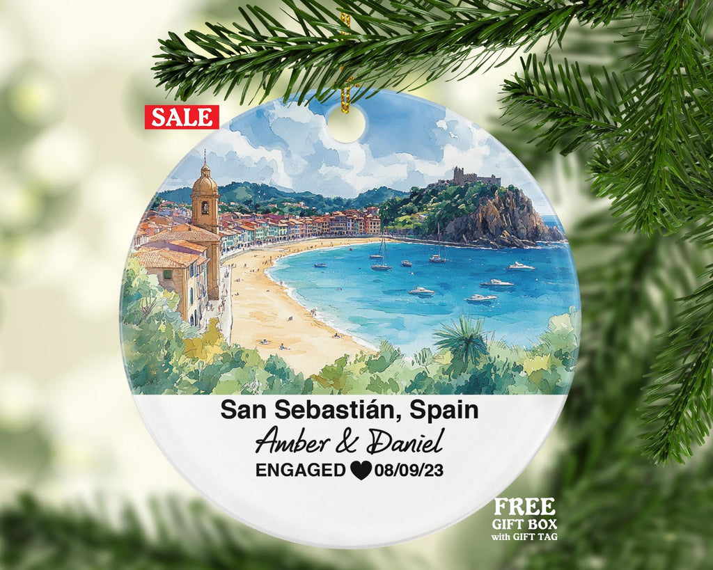 San Sebastián Spain Round Ceramic Christmas Ornament – Personalized Holiday Keepsake, Custom Couple Gift for Wedding or Honeymoon