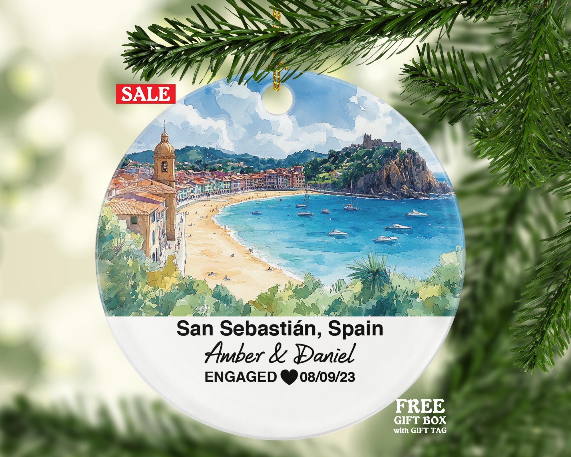 San Sebastián Spain Round Ceramic Christmas Ornament – Personalized Holiday Keepsake, Custom Couple Gift for Wedding or Honeymoon