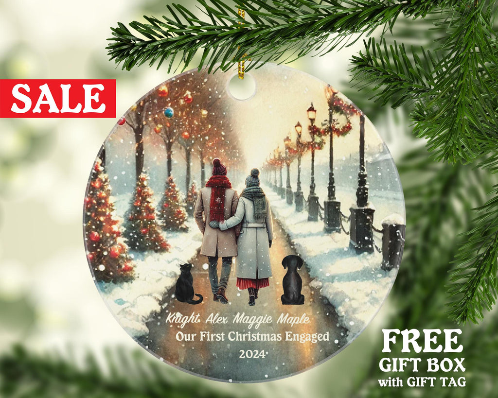 Engaged Couple Lights Pet Dog Cat Owner Personalized Christmas Ornament First Engagement Announcement Custom Lover Gift Fur Holiday Rescue