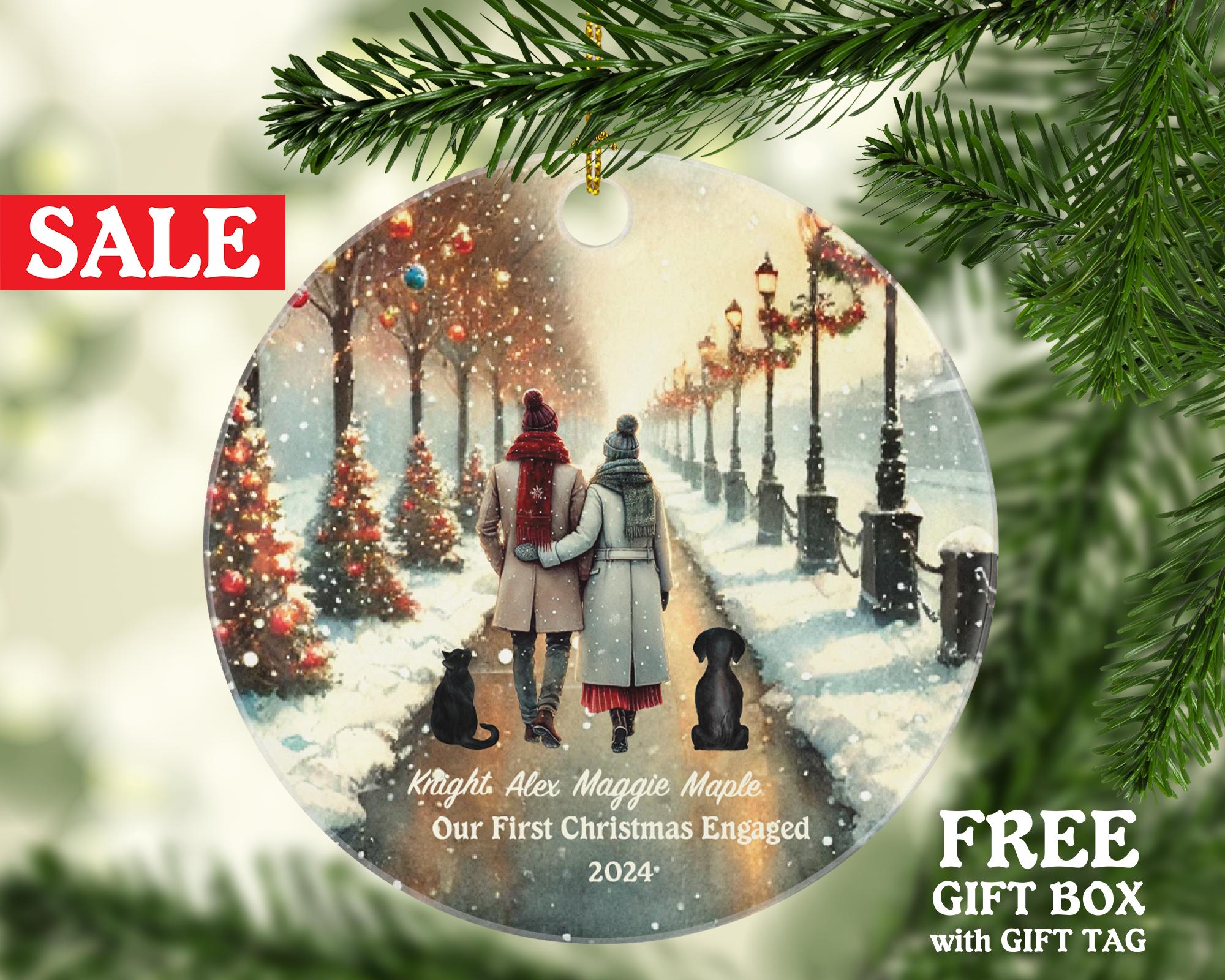Engaged Couple Lights Pet Dog Cat Owner Personalized Christmas Ornament First Engagement Announcement Custom Lover Gift Fur Holiday Rescue
