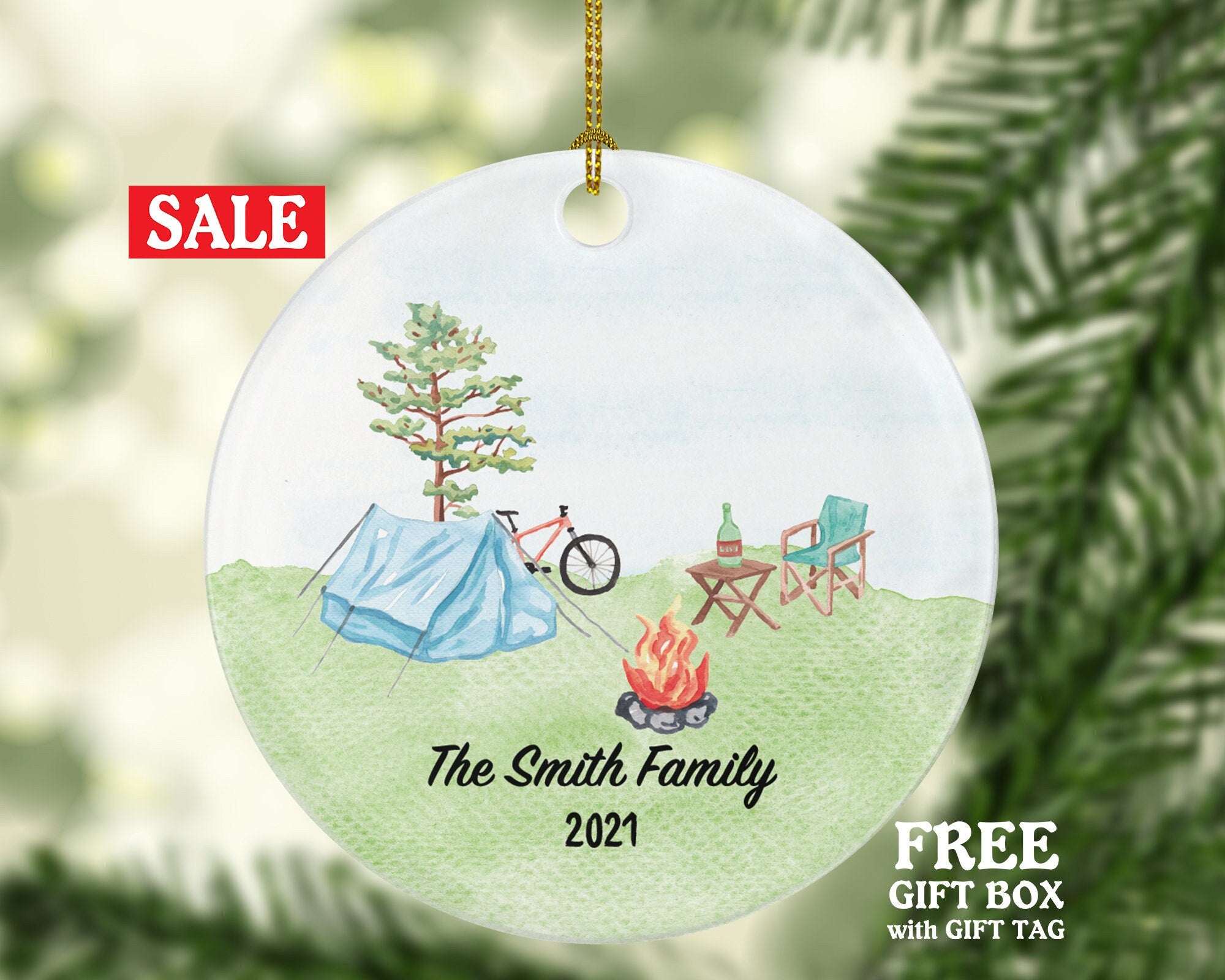 Camper Ornament - Camping Tent Family Christmas Bicycle Fire Vacation Trip Recreational Personalized Gift