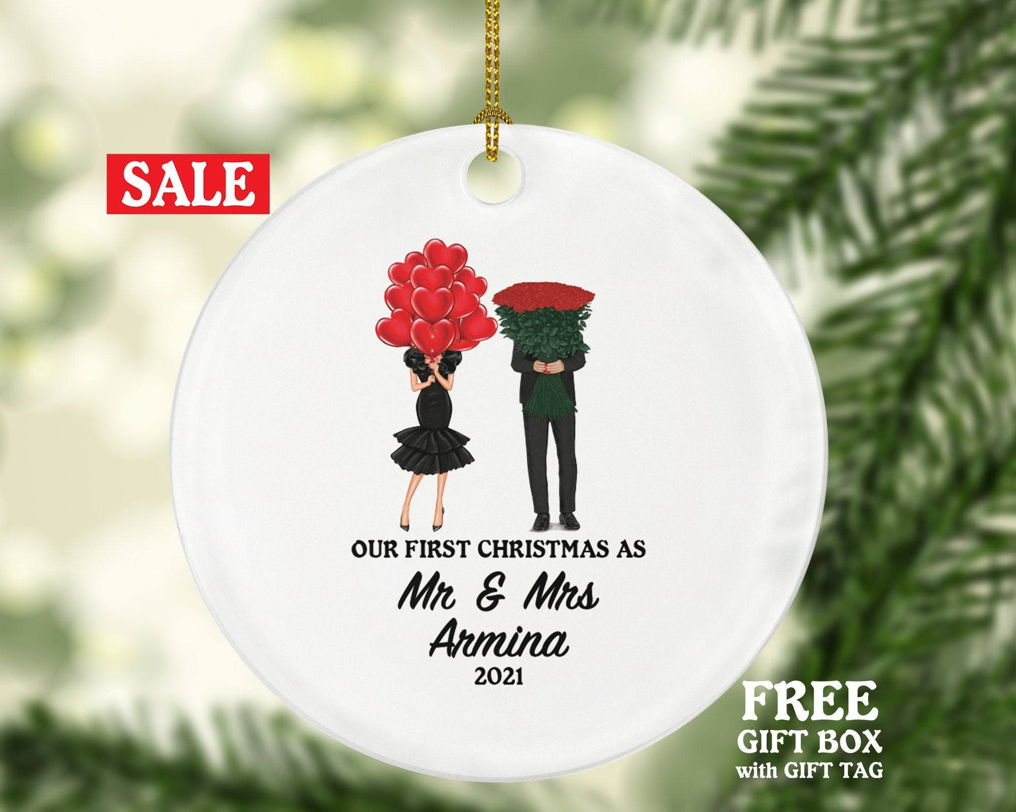 Our First Christmas as Mr & Mrs Married Couple Christmas Ornament Personalized - Newlywed Mr. and Mrs. Gift, Roses and Heart Balloons Couple