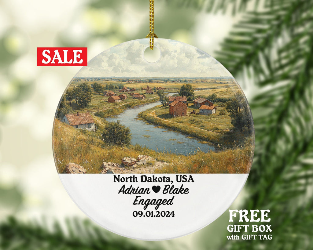 North Dakota Christmas Ornament Personalized - ND Engaged Married Family Together Couple Travel Honeymoon Engagement Marriage