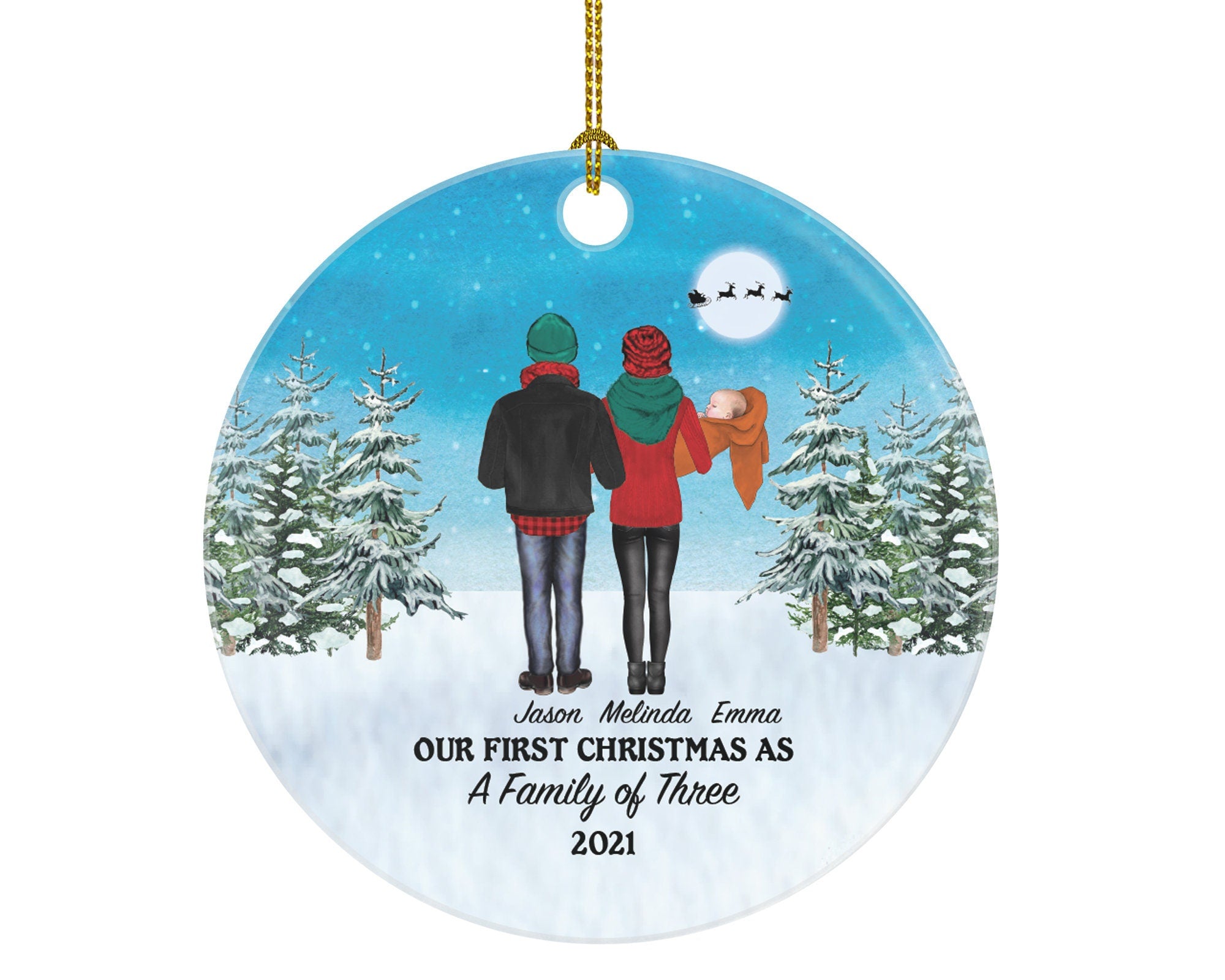 Our First Christmas as a Family of 3 Ornament - Infant Newborn Baby Girl Boy Parents Mother Father Mom Dad Gift Winter