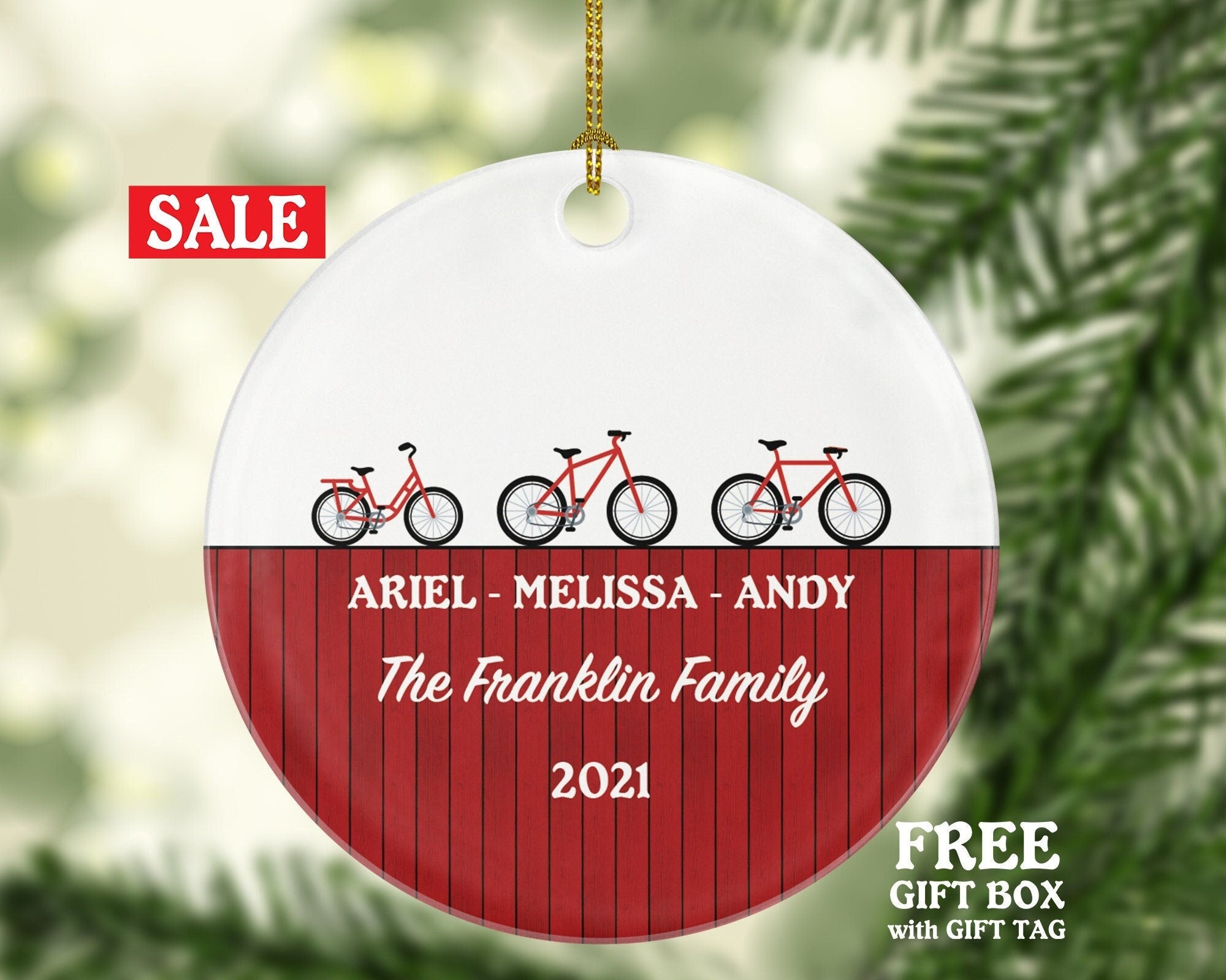 Personalized Family of 3 Christmas Ornament - Bicycle Bike Customized Holiday Gift Custom Names Outdoor Activity Mother Father Child