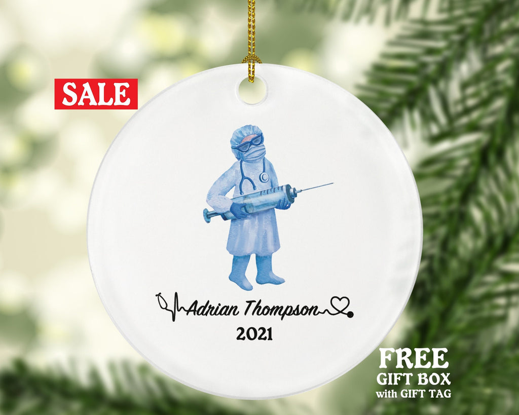 Doctor with Vaccine Christmas Ornament Personalized - Medical Doctor Health Worker Gift from Patient for Physician Practitioner MD