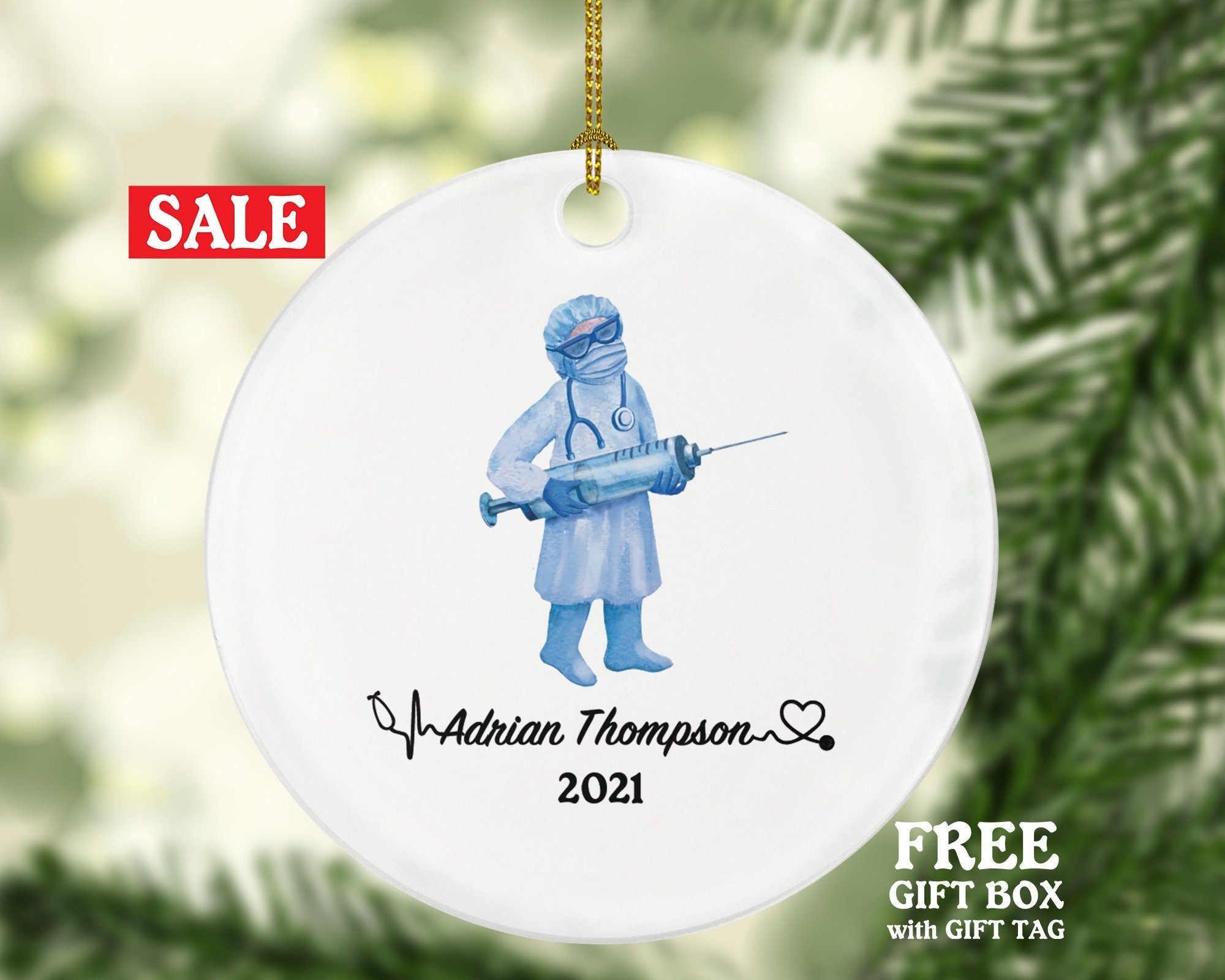 Doctor with Vaccine Christmas Ornament Personalized - Medical Doctor Health Worker Gift from Patient for Physician Practitioner MD