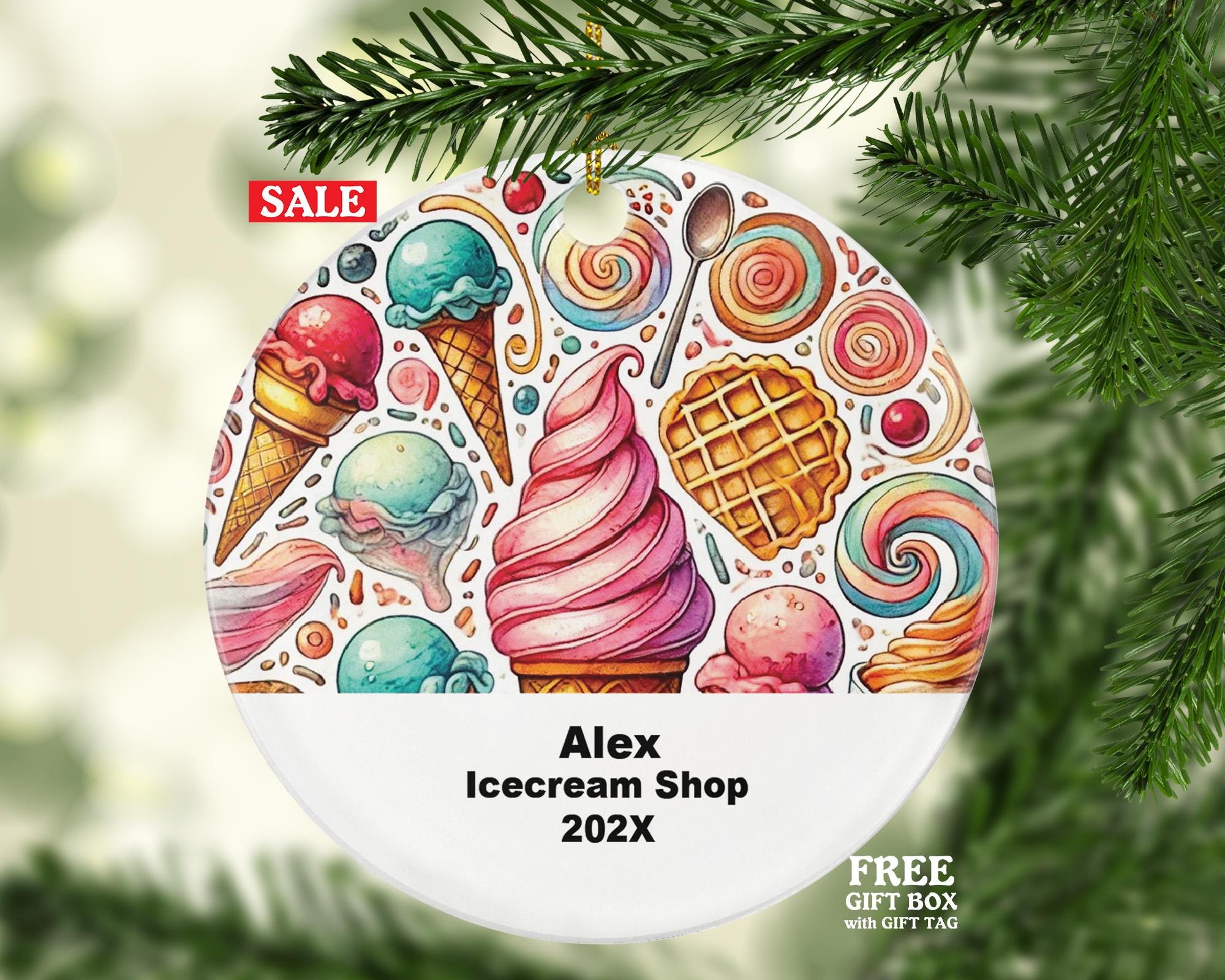 Personalized Ice Cream Shop Ornament – Custom Dessert Shop Gift – Sweet Treat Ornament with Name and Year