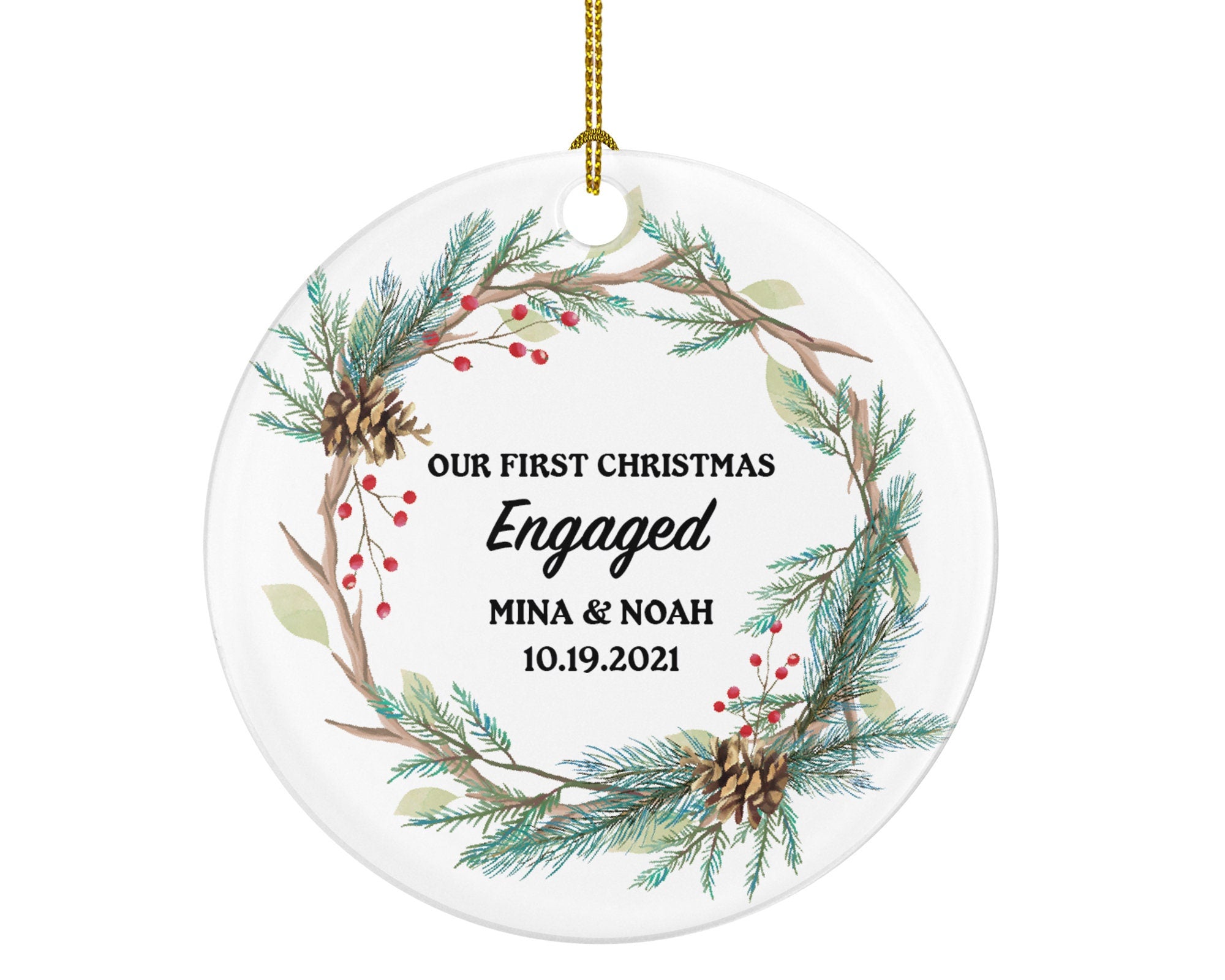 First Christmas Engaged Personalized Ornament - Engagement Announcement Couple Gift - Custom Rustic Wood Christmas Frame Farmhouse
