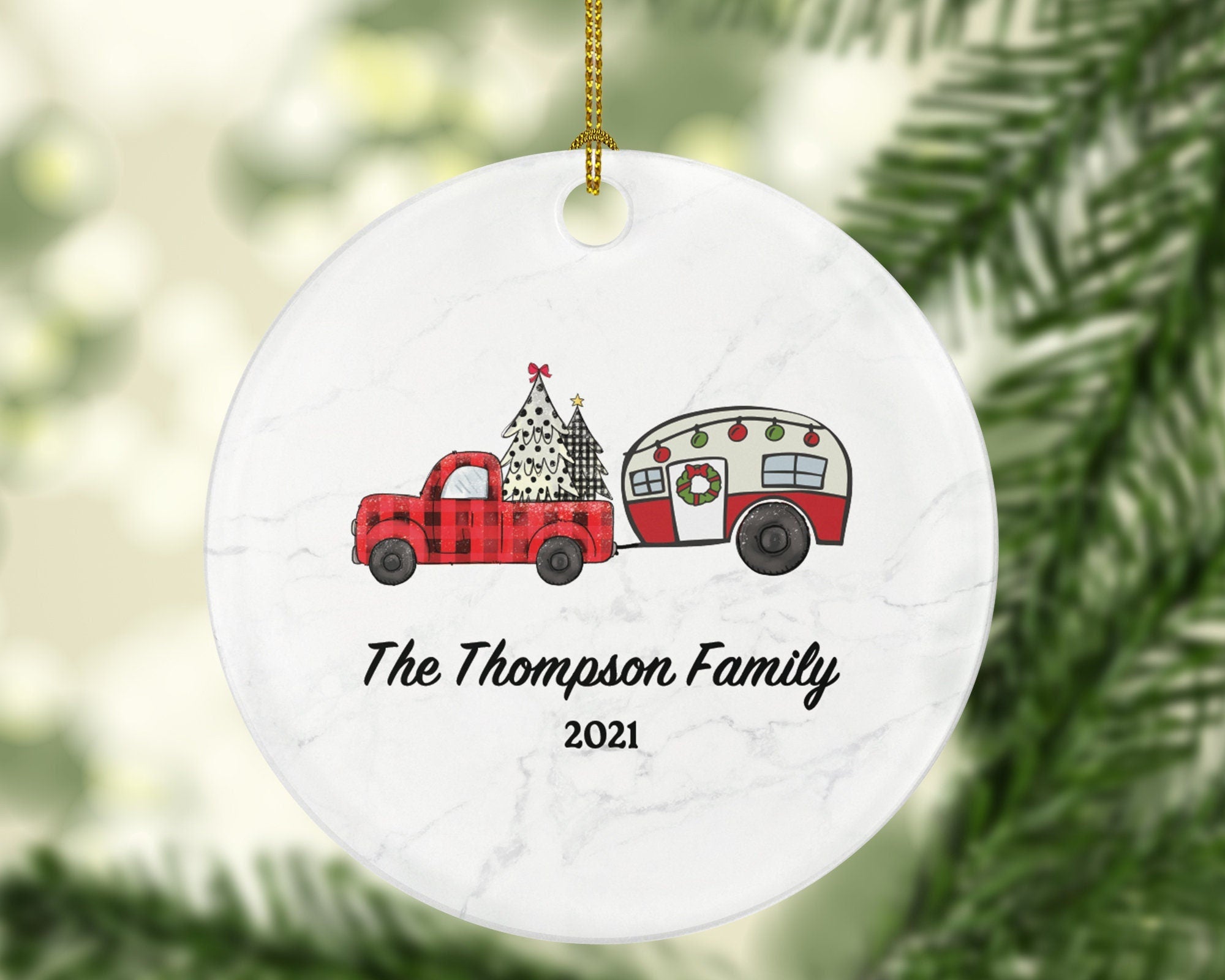 Camping Pull Trailer RV Camper Family Christmas Ornament - Personalized Vacation Red Lumberjack Truck with Recreational Gift