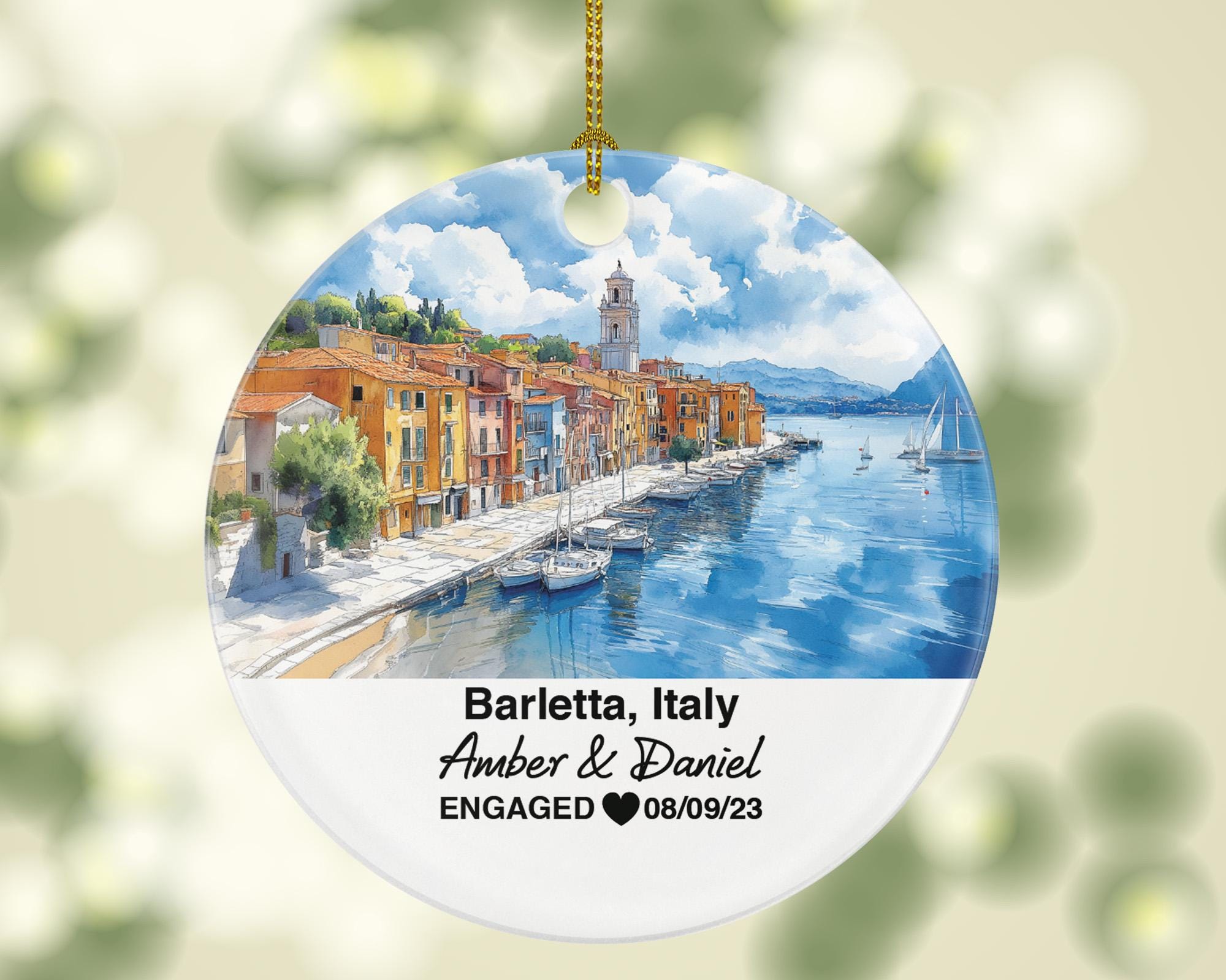 Personalized Barletta Italy Christmas Ornament, Santa Maria Maggiore, Mr & Mrs Wedding, Engagement, or Honeymoon Keepsake for Couples