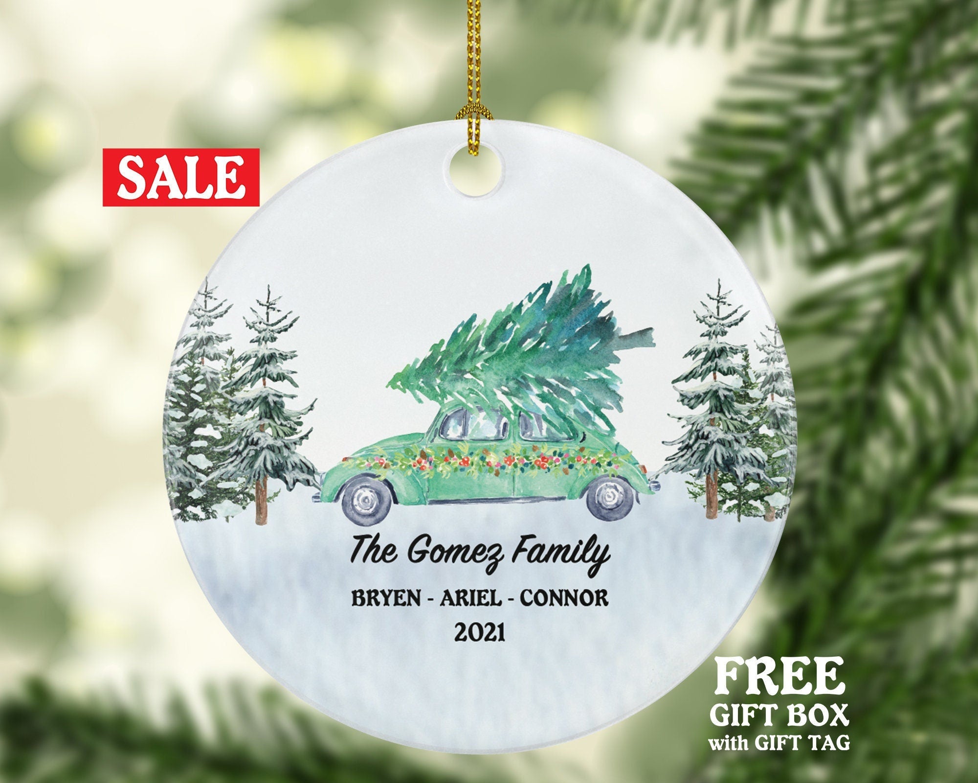 Personalized Car Family Christmas Ornament - Vintage Green Car Gift Custom Ornament With Name Road Trip - Farmhouse Decor