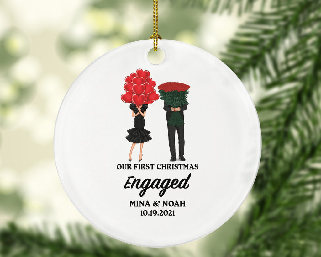 Our First Christmas Engaged Personalized Ornament - Engagement Announcement Couple Gift - Roses and Hearts