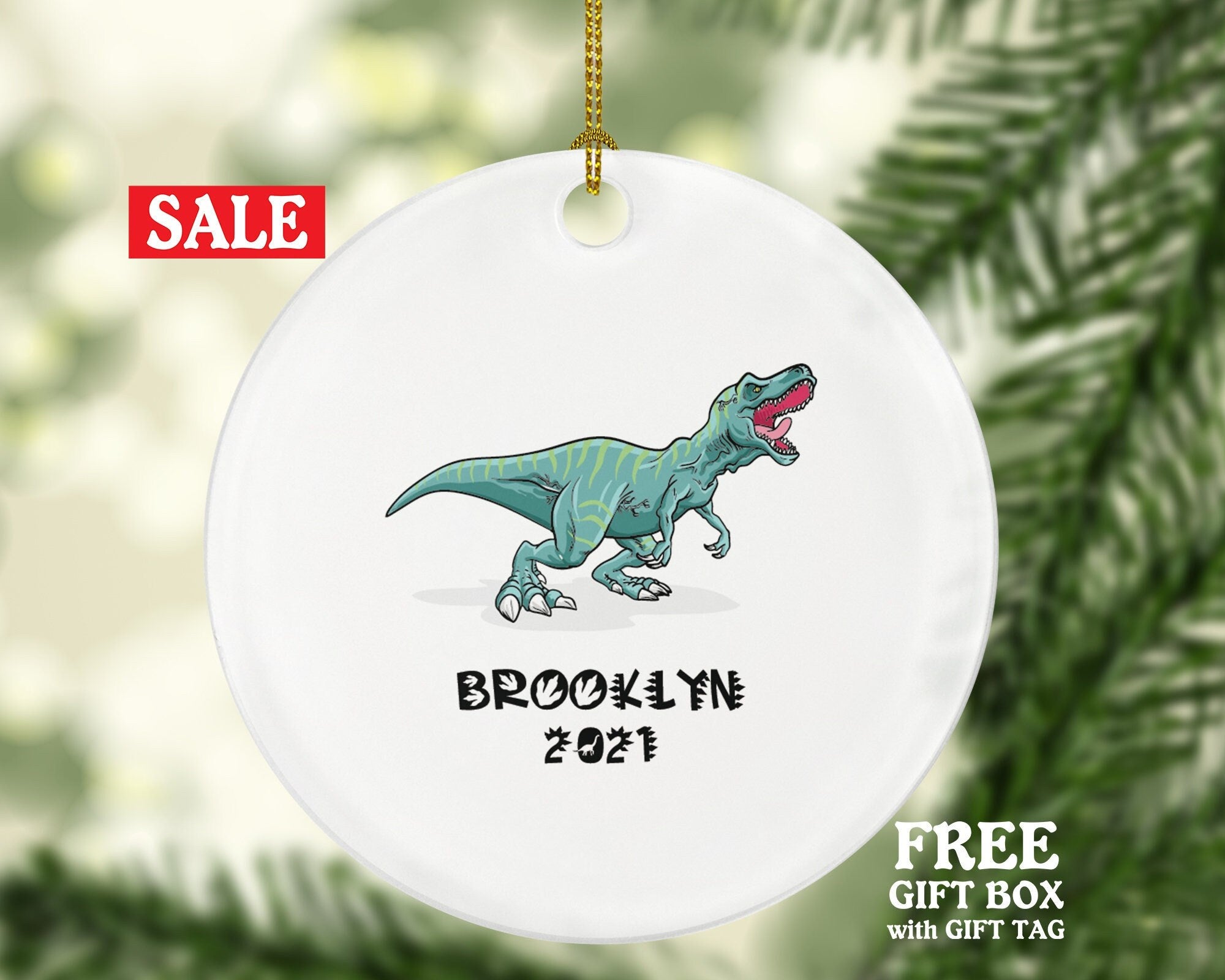 Dinosaur Christmas Ornament Personalized, T-REX Dino Custom Gift