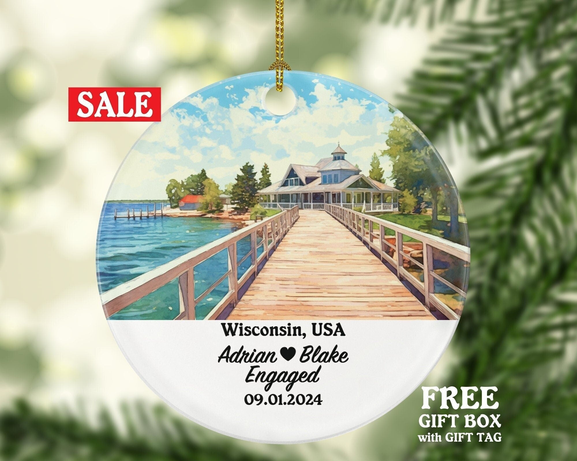 Wisconsin Christmas Ornament Personalized - WI Engaged Married Family Together Couple Travel Honeymoon Engagement Marriage