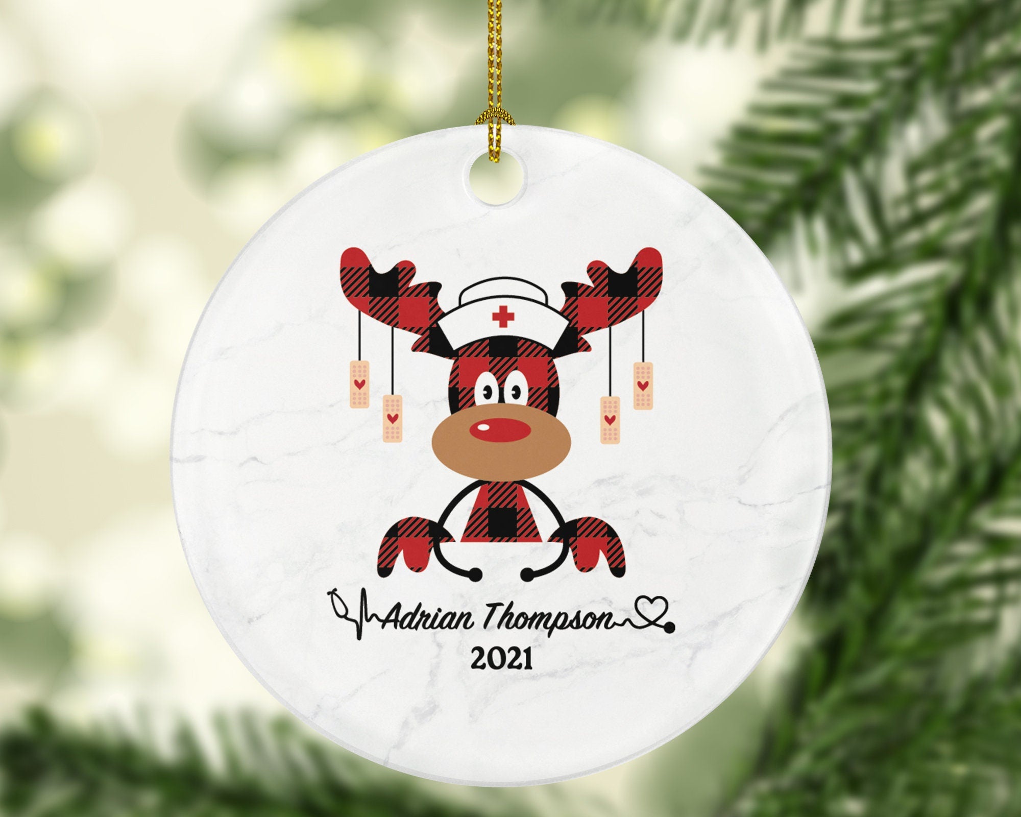 Nurse Christmas Deer Ornament Personalized - Nursing Registered Nurse Health Worker Gift from Patient for Nurse RN Custom Medical