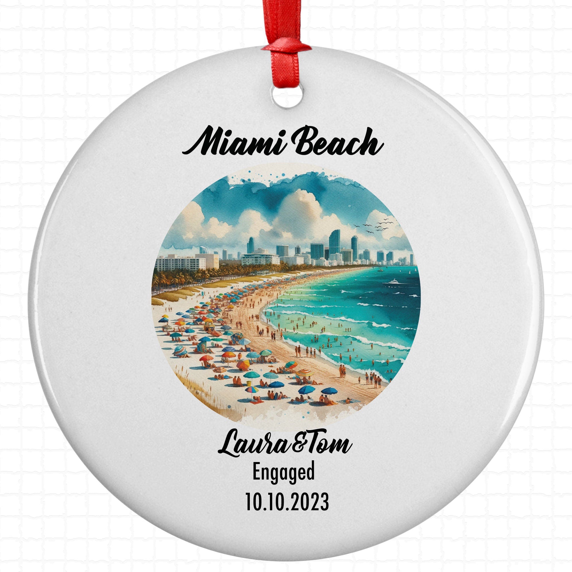 Miami Beach Ornament, Engagement, Married, Travel, Gift for Engaged Couple, Engagement Gift, Trip, Vacation Souvenir