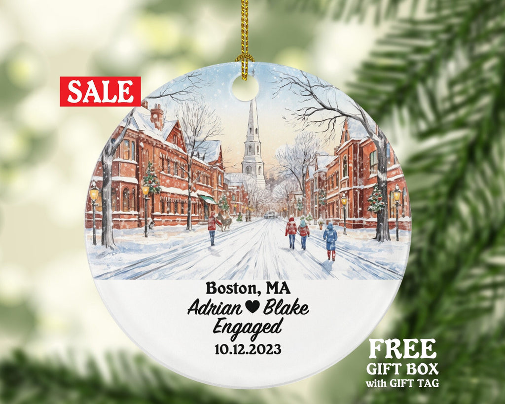Boston MA Christmas Ornament Personalized - Engaged Married Family Together Couple Travel Honeymoon Wedding Engagement Marriage