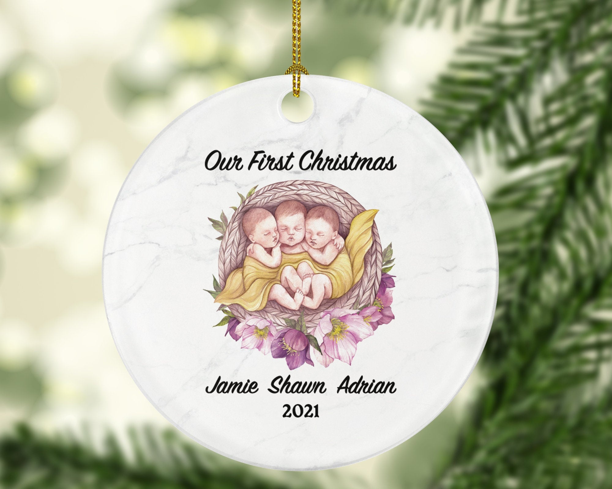 Infant Baby Triplets First Christmas Ornament Personalized - Newborn Baby Triplets Babies Pregnancy Expecting Baby Shower Gift