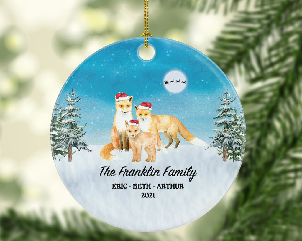 Personalized Family of 3 Christmas Ornaments Fox Foxes Family Custom Names Watercolor Family of Three First Ornament Gift for with Kids Xmas