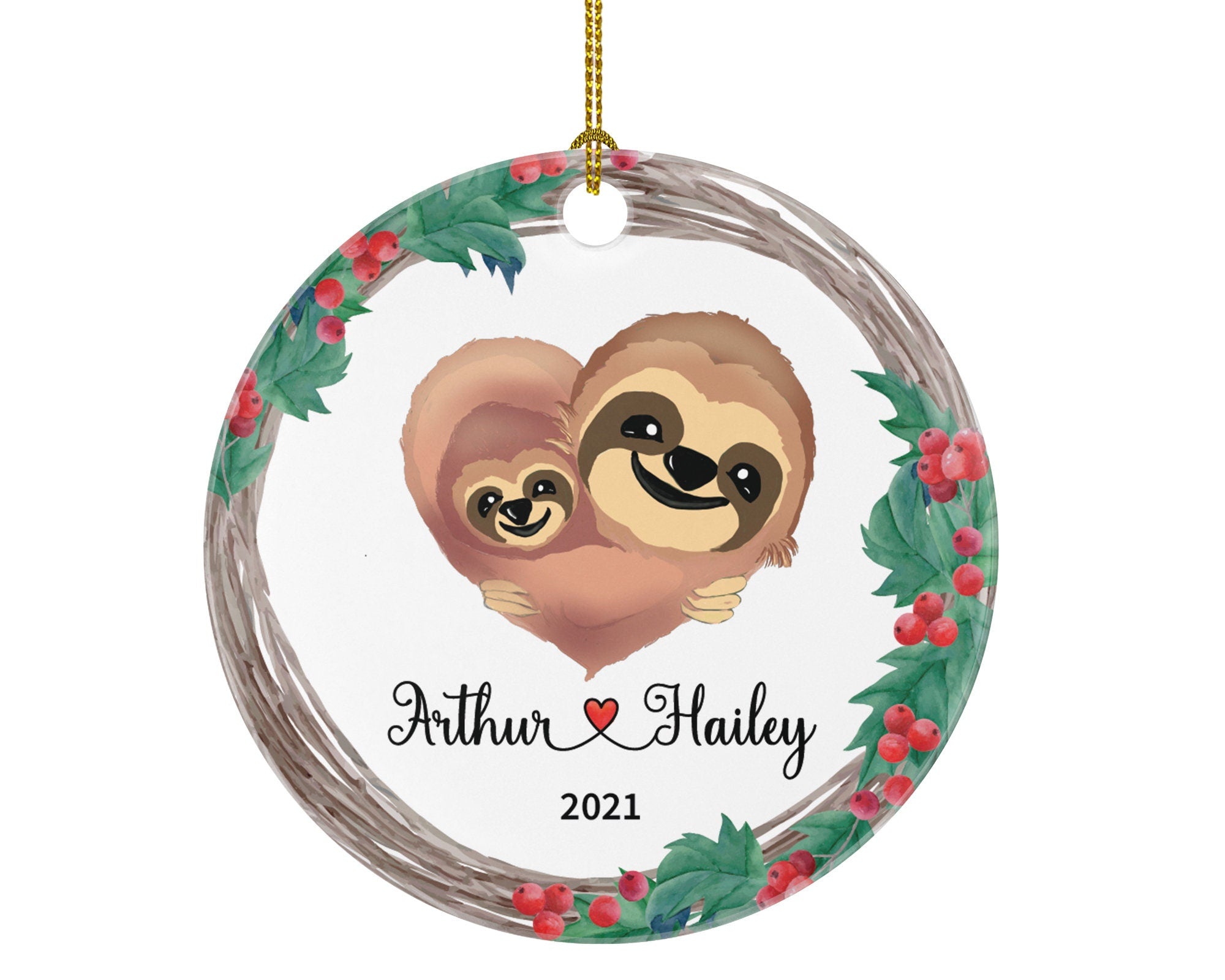 Couple Christmas Ornament Personalized - Valentines Together Lovers - New Sloth Couple Gift Heart - Custom Names and Year