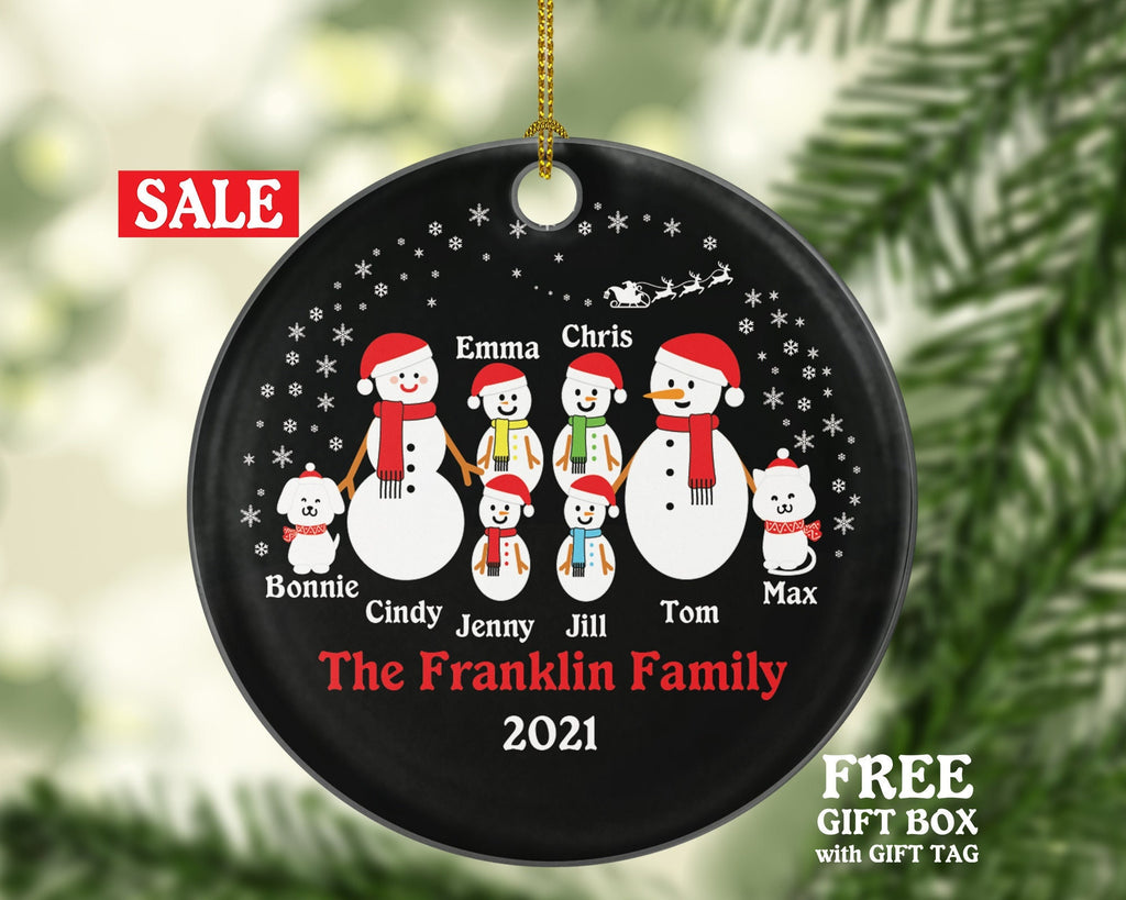 Personalized Family of 6 Christmas Ornaments with Cat Dog Pet, Snowman Family Christmas Ornaments, 6 Snowmen Christmas Ornament, Big Family