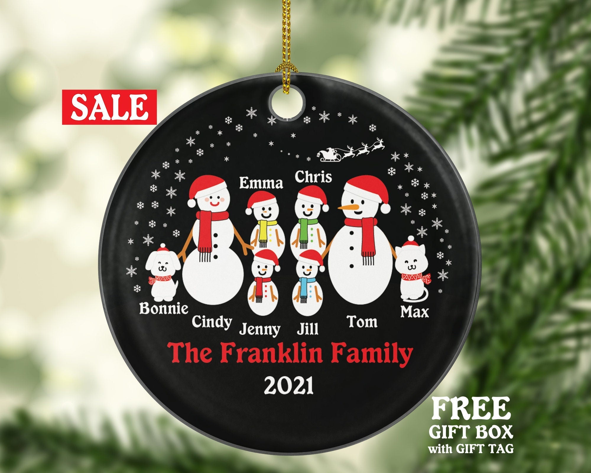 Personalized Family of 6 Christmas Ornaments with Cat Dog Pet, Snowman Family Christmas Ornaments, 6 Snowmen Christmas Ornament, Big Family