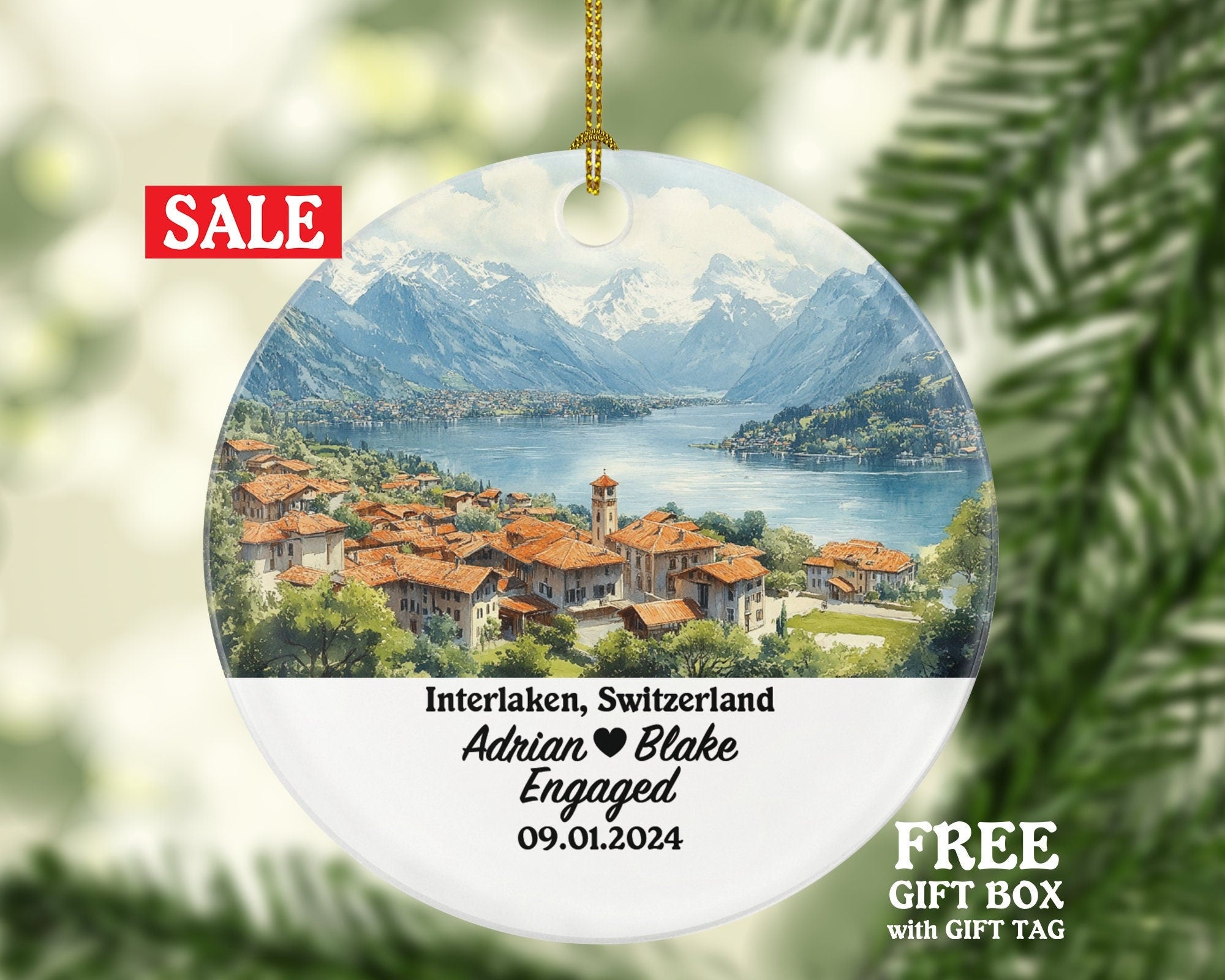 Interlaken Christmas Ornament Personalized - Switzerland Engaged Married Family Together Couple Travel Honeymoon Engagement Marriage