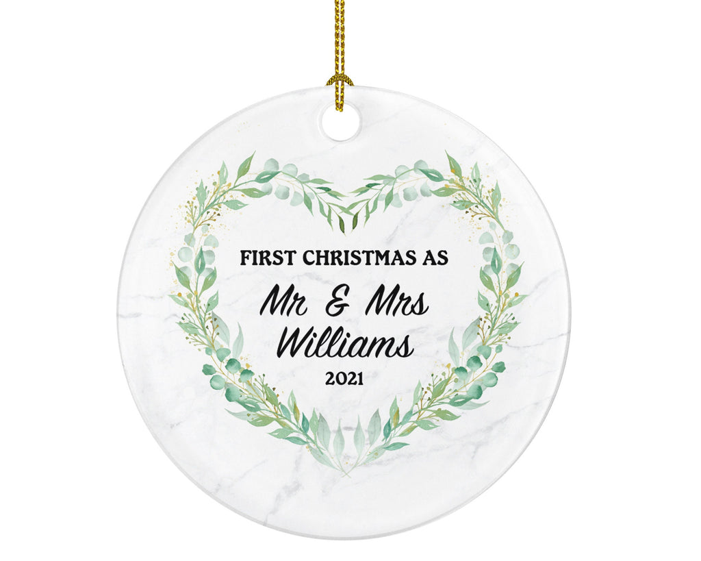 Our First Christmas as Mr & Mrs Married Couple Christmas Ornament Personalized - Newlywed Christmas First Custom Gift - Greenery Heart