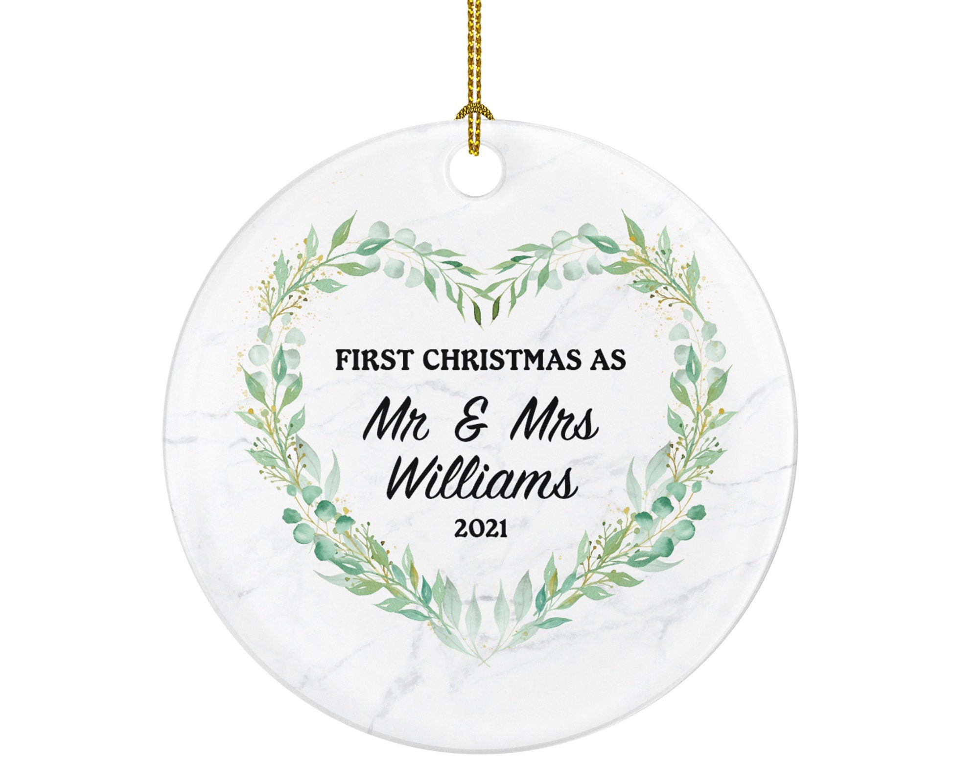 Our First Christmas as Mr & Mrs Married Couple Christmas Ornament Personalized - Newlywed Christmas First Custom Gift - Greenery Heart