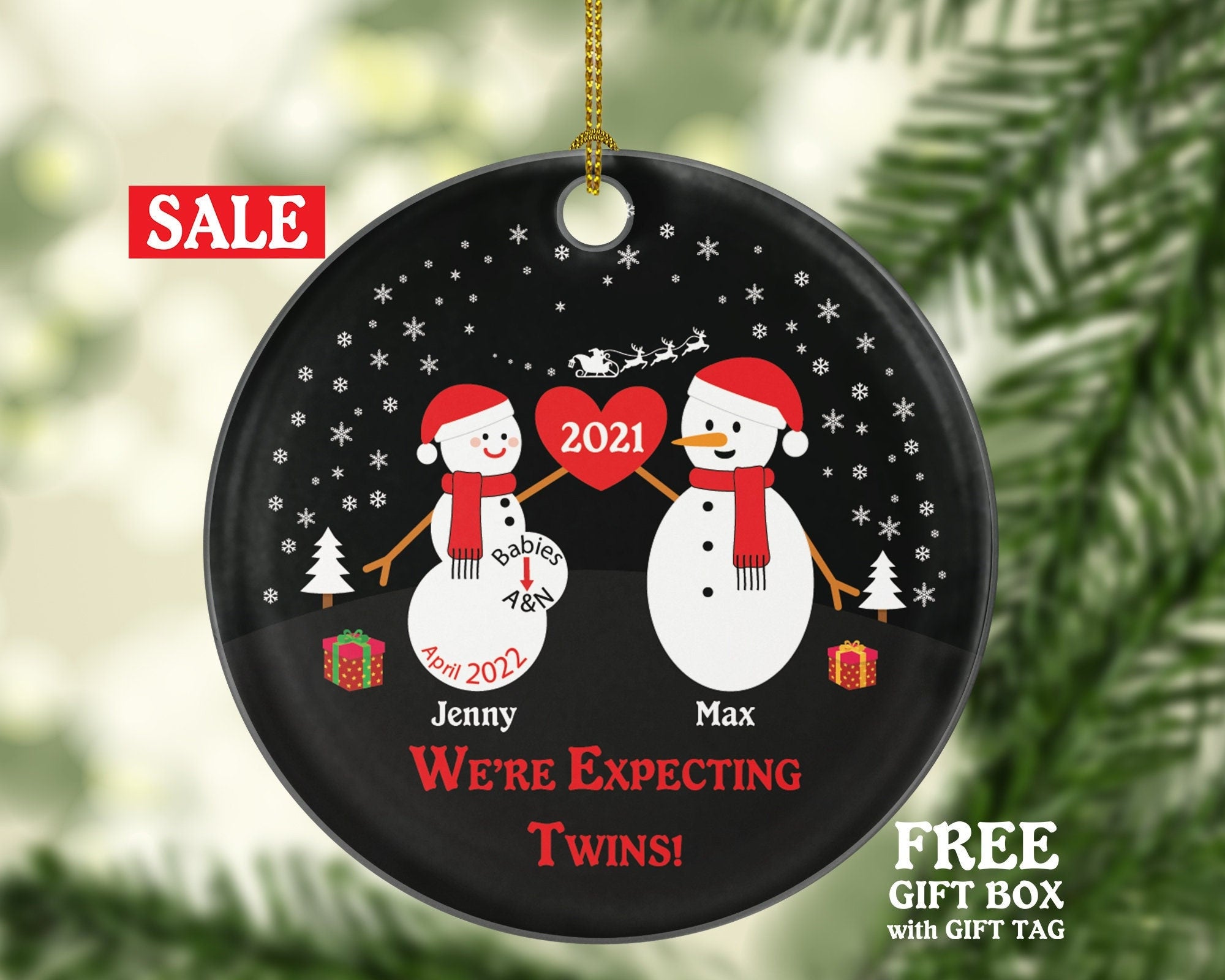 Expecting Twins Personalized Christmas Ornament - Snowman Couple Expected Parents - Dad to be - Pregnancy announcement - Mom to be of Twins