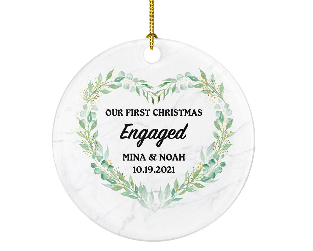 First Christmas Engaged Personalized Ornament - Engagement Announcement Couple Gift - Greenery Heart