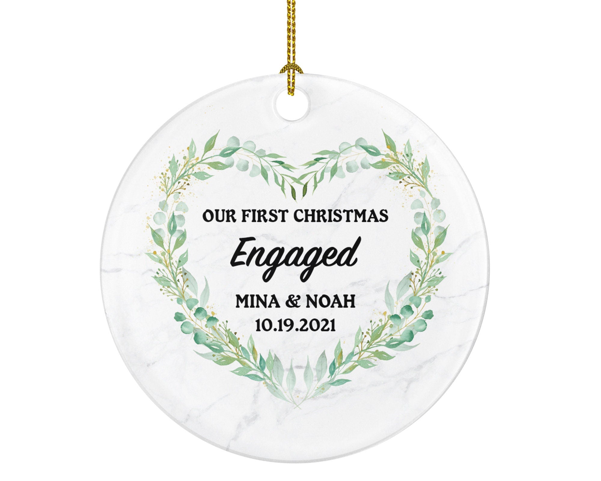 First Christmas Engaged Personalized Ornament - Engagement Announcement Couple Gift - Greenery Heart