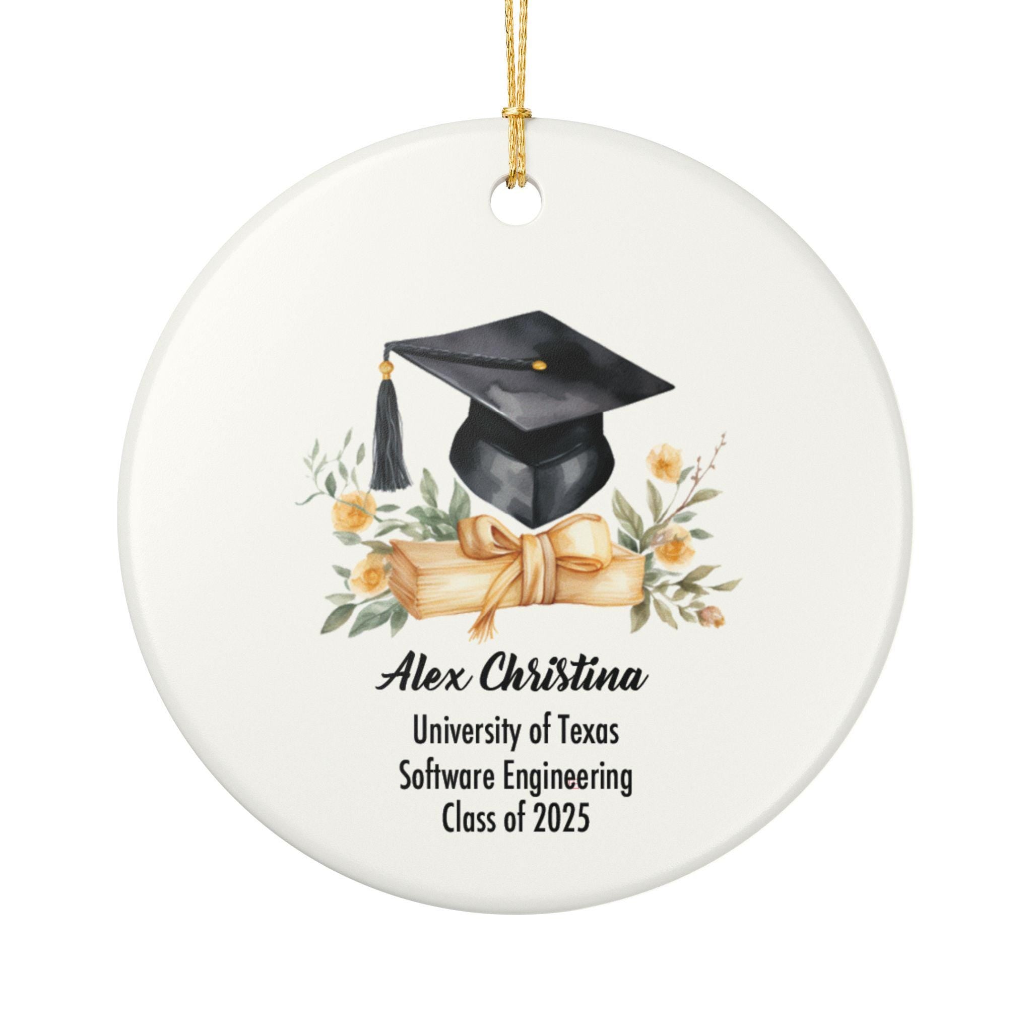 Graduation Ornament 2025 Custom Name Yellow Floral Cap Diploma Personalized Grad Keepsake Ceramic Gift