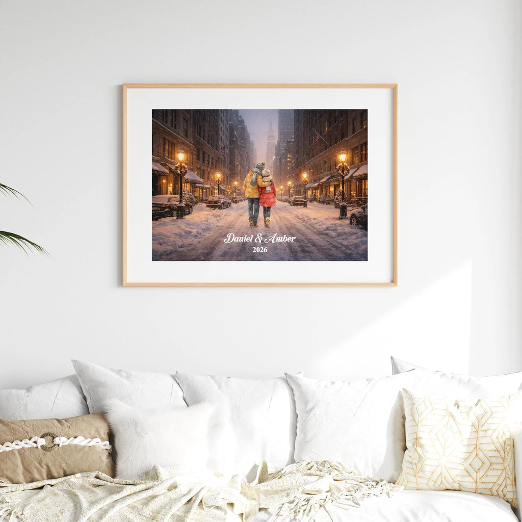 Custom New York City Couple Wall Art | Snowy NYC Scene for Engaged, Married, Mr & Mrs, Anniversary, Travel, Honeymoon | Aluminum Metal Print