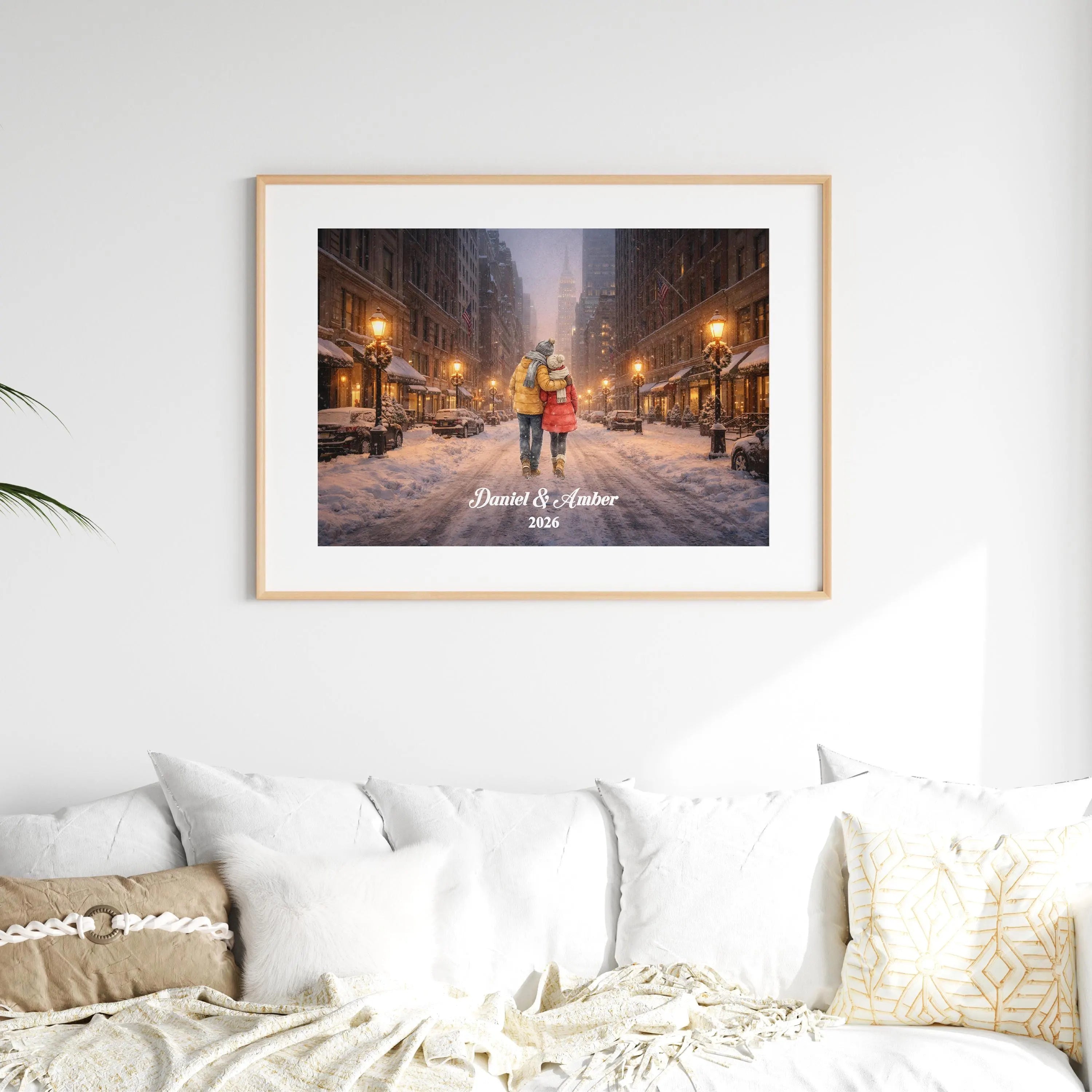 Custom New York City Couple Wall Art | Snowy NYC Scene for Engaged, Married, Mr & Mrs, Anniversary, Travel, Honeymoon | Aluminum Metal Print
