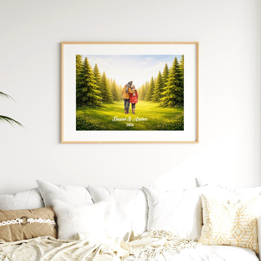 Custom Couple in Forest Wall Art | Green Nature Landscape Print for Engaged, Married, Mr & Mrs, Anniversary | Aluminum Metal Print