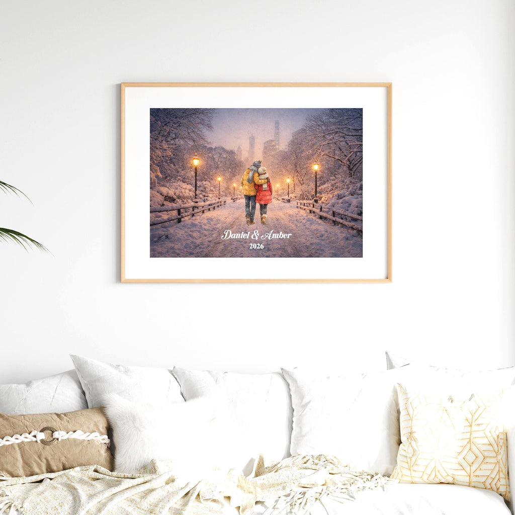 New York City Couple Custom Wall Art | Snowy NYC Scene for Engaged, Married, Mr & Mrs, Anniversary, Travel, Honeymoon | Aluminum Metal Print