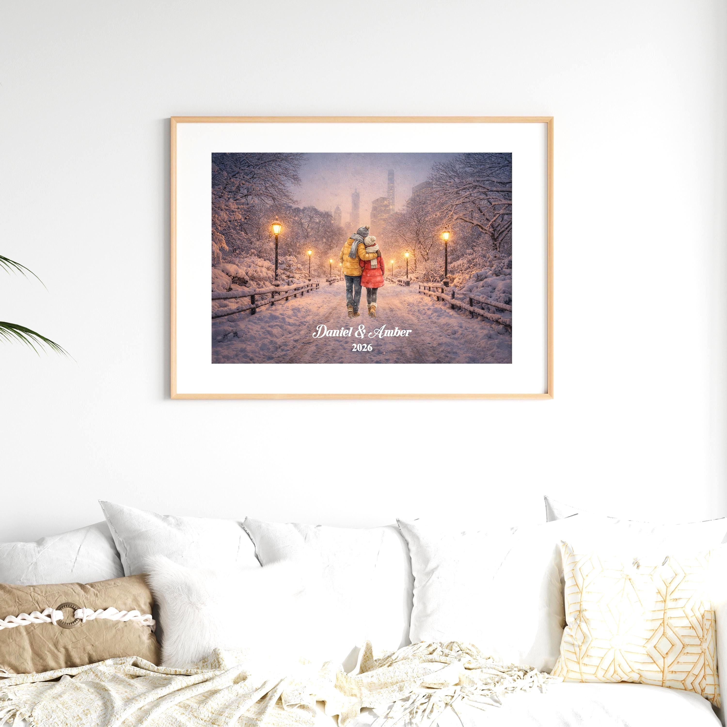 New York City Couple Custom Wall Art | Snowy NYC Scene for Engaged, Married, Mr & Mrs, Anniversary, Travel, Honeymoon | Aluminum Metal Print