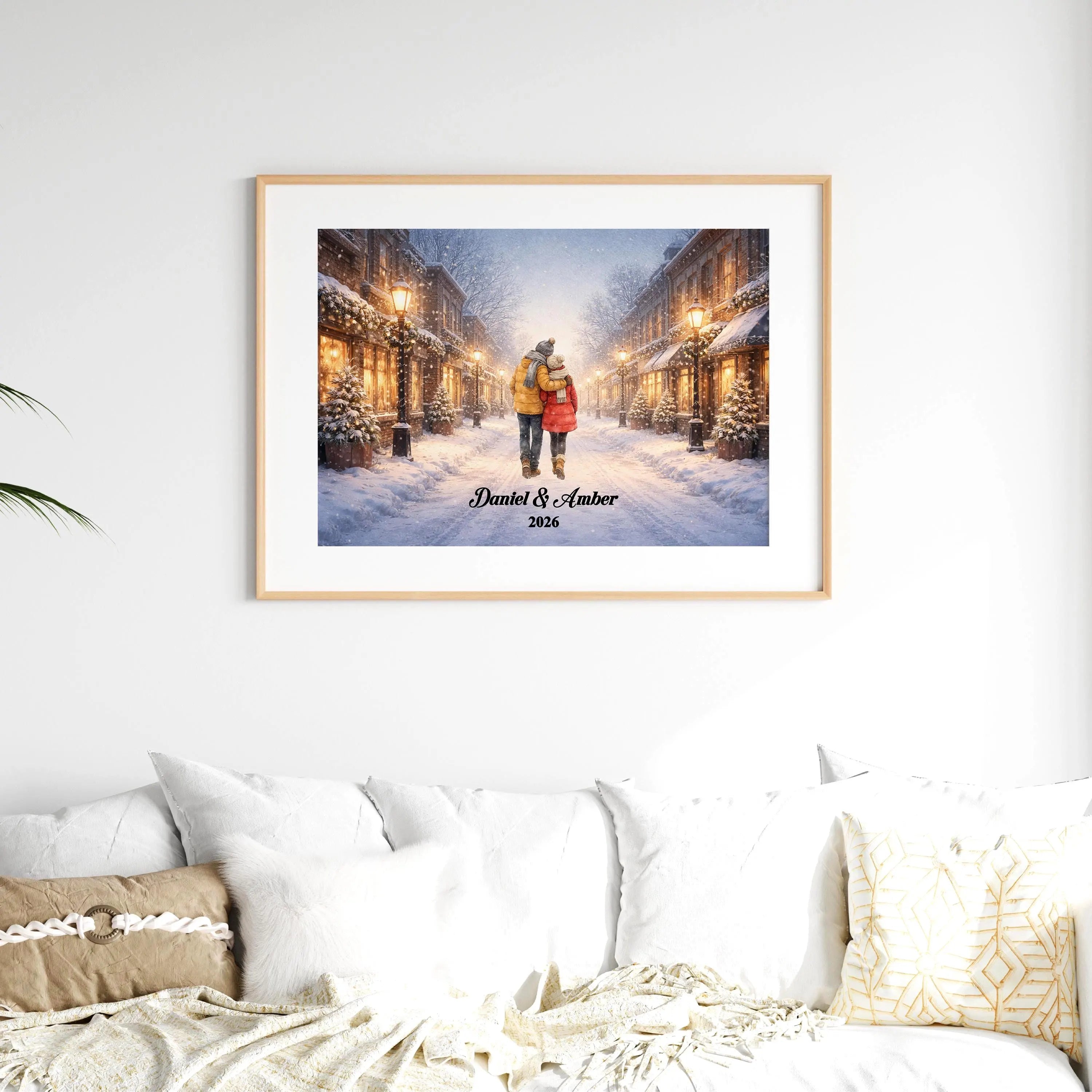 Custom Couple in Snowy City Wall Art | Winter Wall Art for Engaged, Married, Mr & Mrs, Anniversary | Aluminum Metal Print