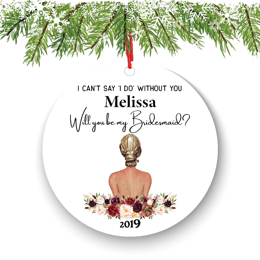 Bridesmaid Proposal Ornament, Personalized Ceramic (Name, Year, Hair Tone)