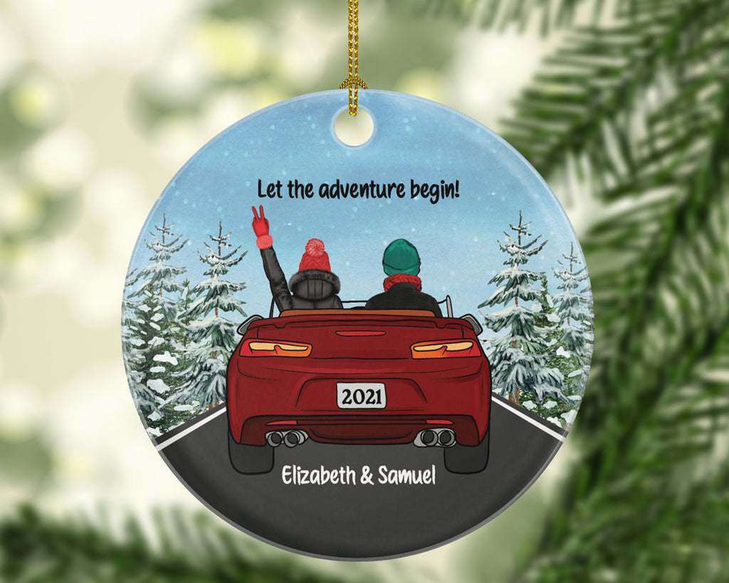 Couple In A Car Driving Christmas Ornament - Traveled Together Our First Trip Personalized Wedding Engaged New Couple Gift for Convertible